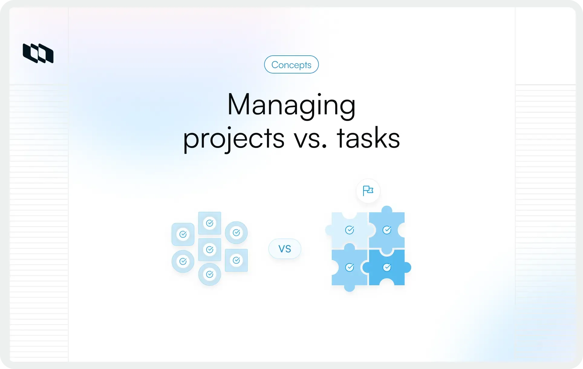 Managing projects vs tasks concept graphic showing task checklists on one side and connected puzzle pieces representing coordinated project work on the other.