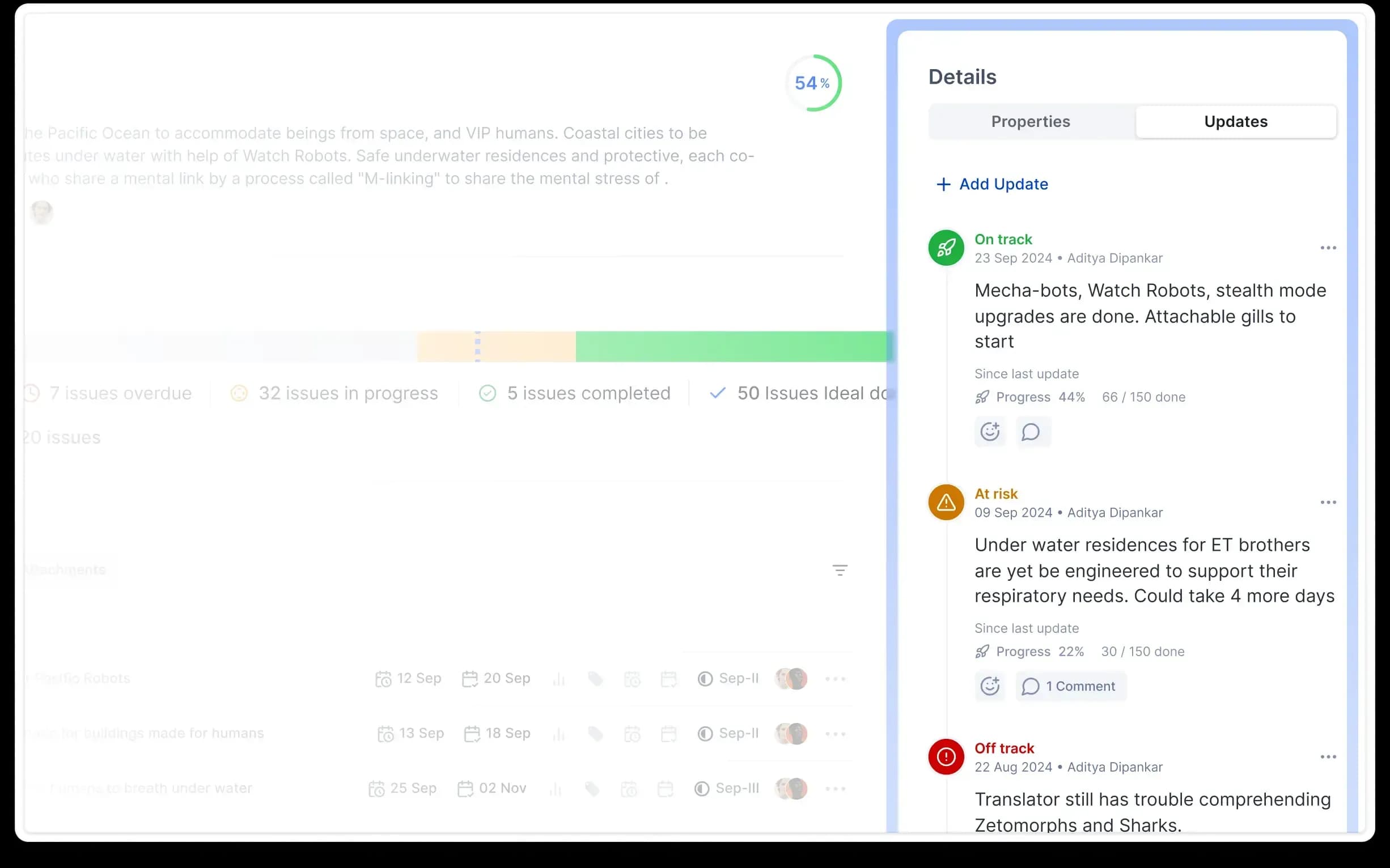 Plane UI showing epics & initiatives