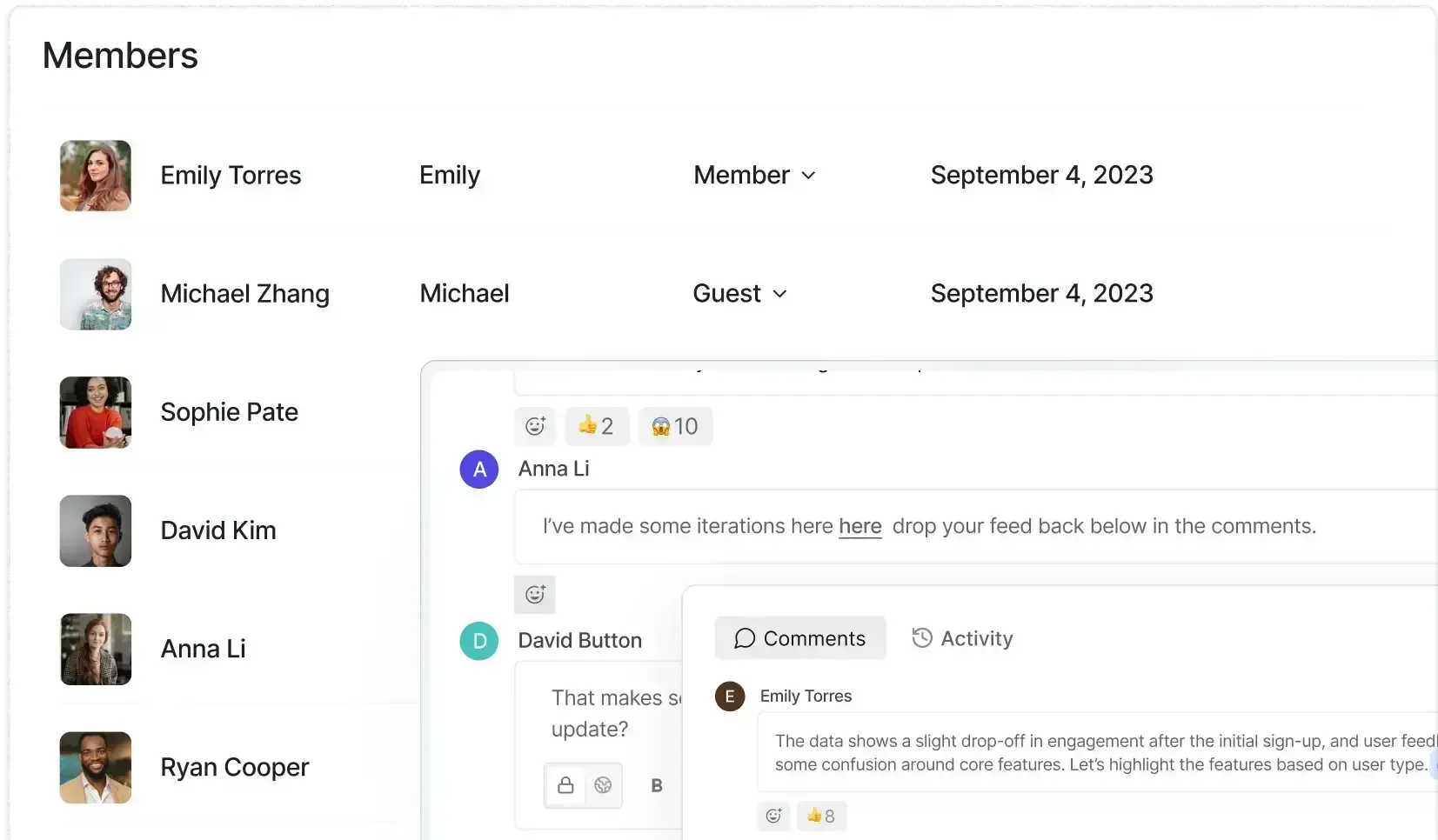 Member management panel in Plane showing user roles, names, and join dates, overlaid with a comment thread featuring reactions and feedback on a work item.