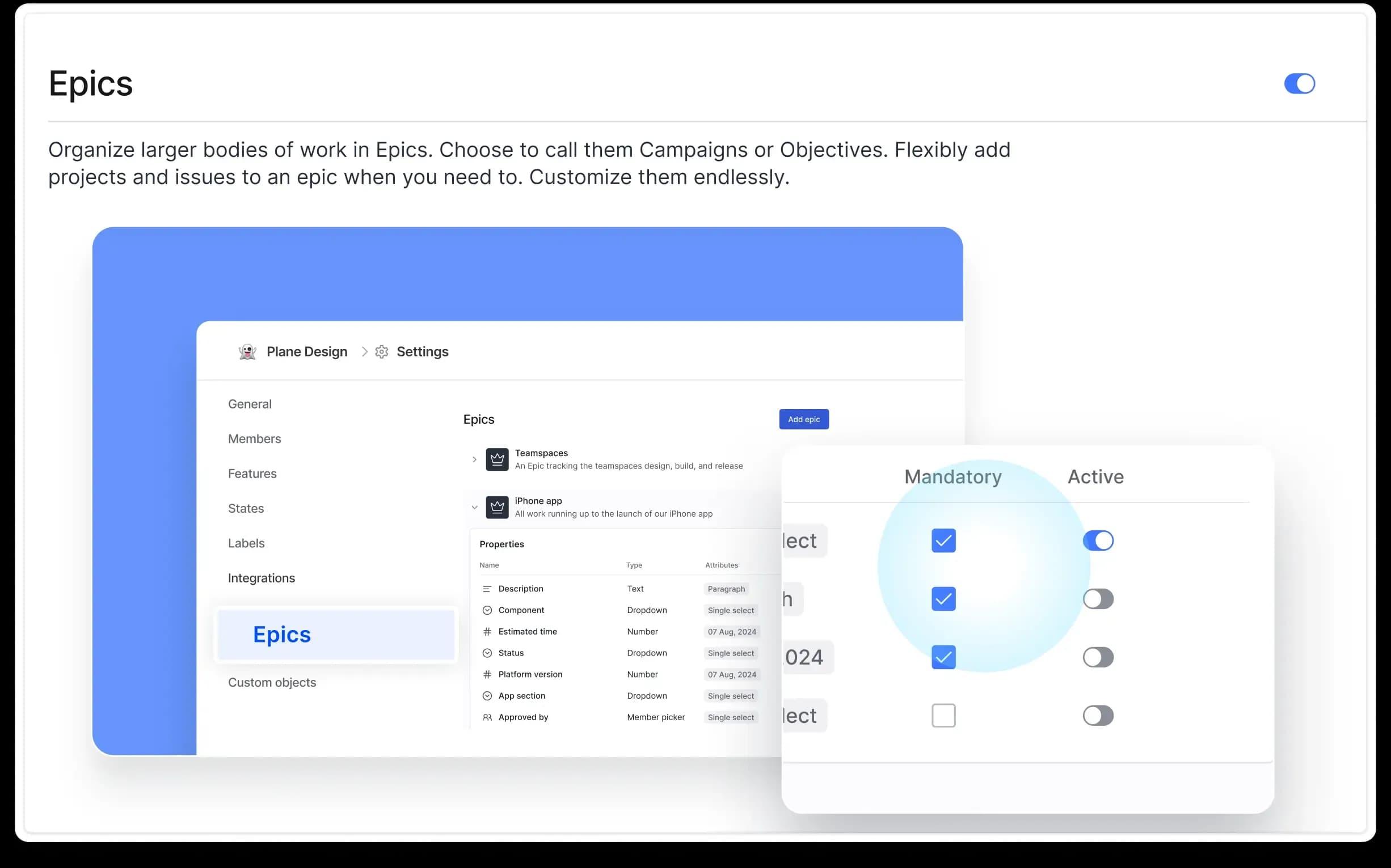 Plane UI showing projects