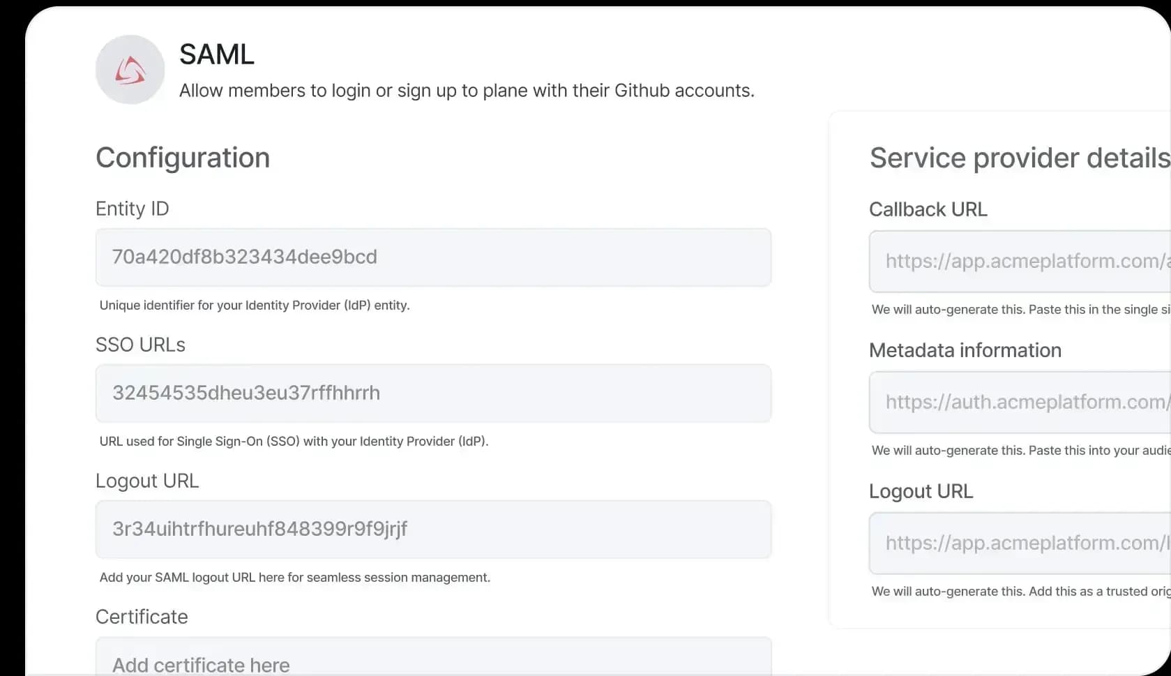 SAML configuration panel in Plane showing fields for identity provider setup, including entity ID, SSO URLs, logout URL, and certificate upload options.