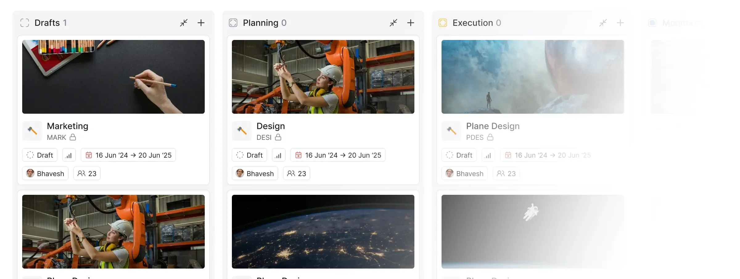 Plane UI showing project states