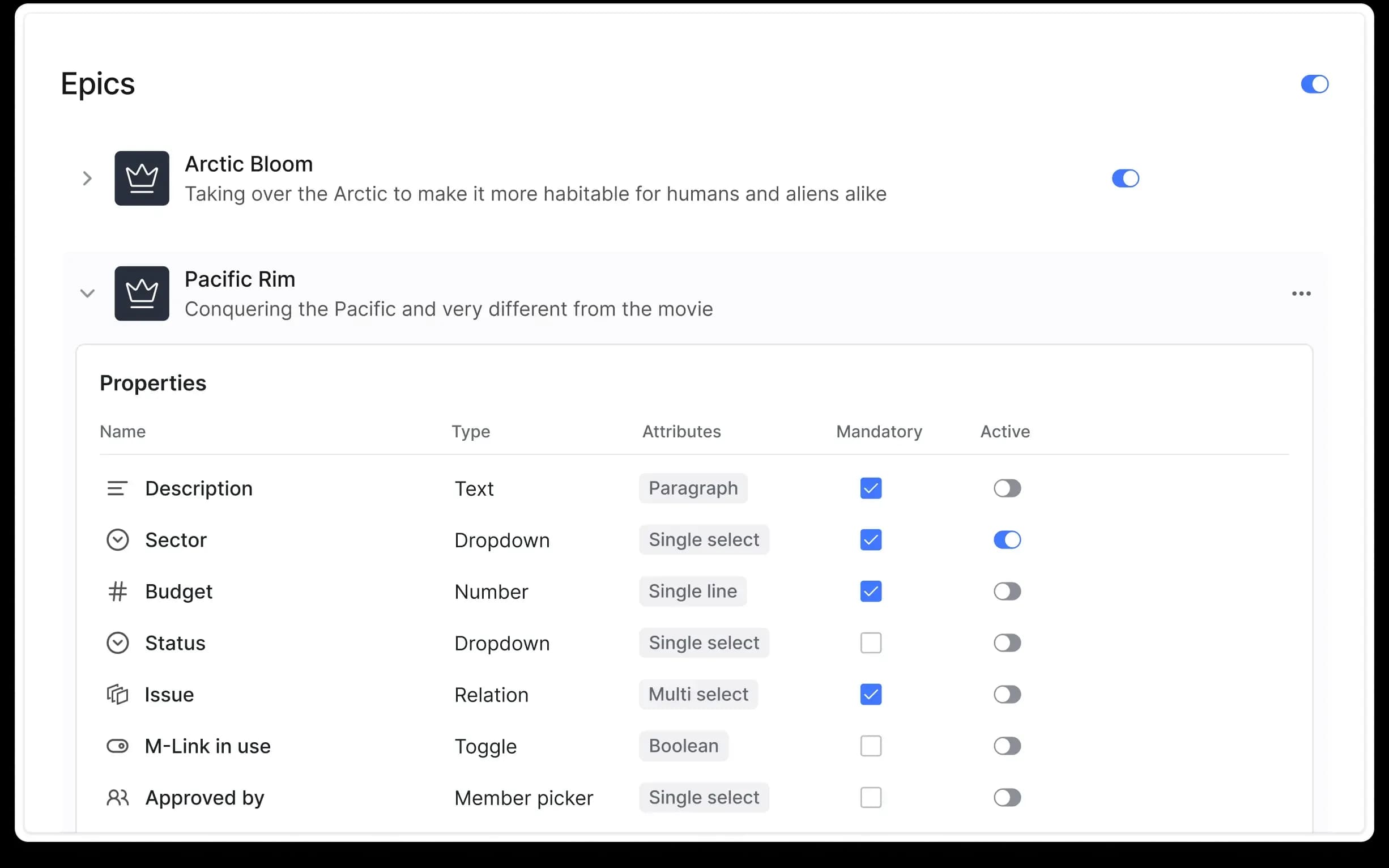 Plane UI showing epics