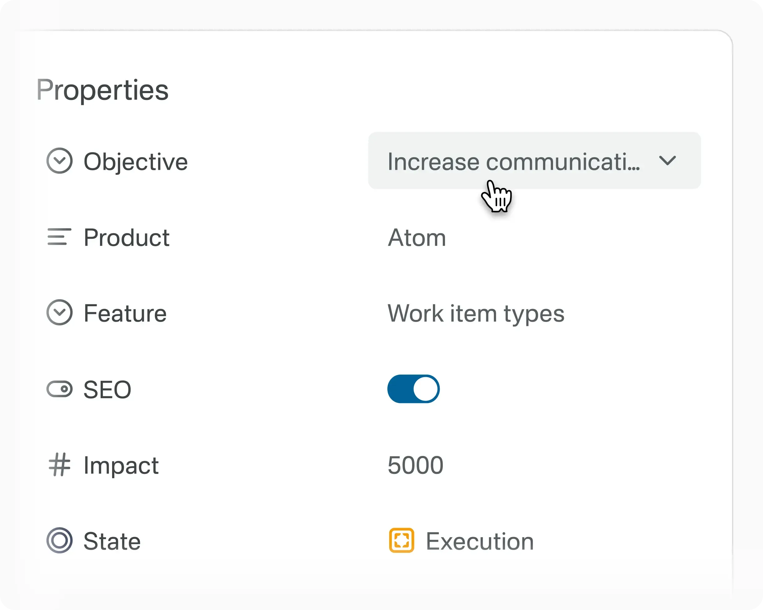 Work item type view showing preconfigured properties like objective, product, reviewer and more to enable teams to start work quickly with minimal setup.