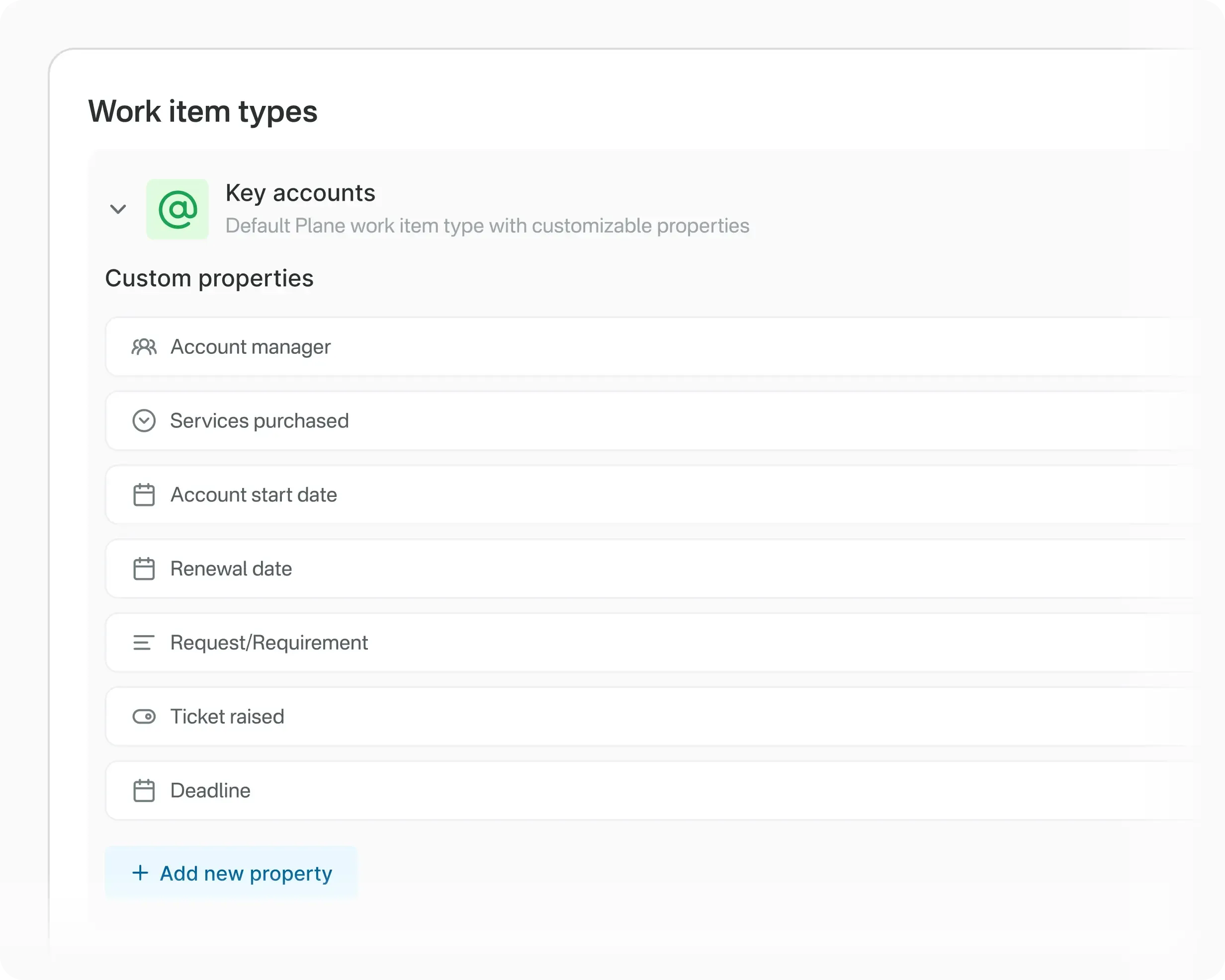 Customizable work item type configured for client account tracking, using properties like dates, dropdowns, and toggles to manage agency workflows.