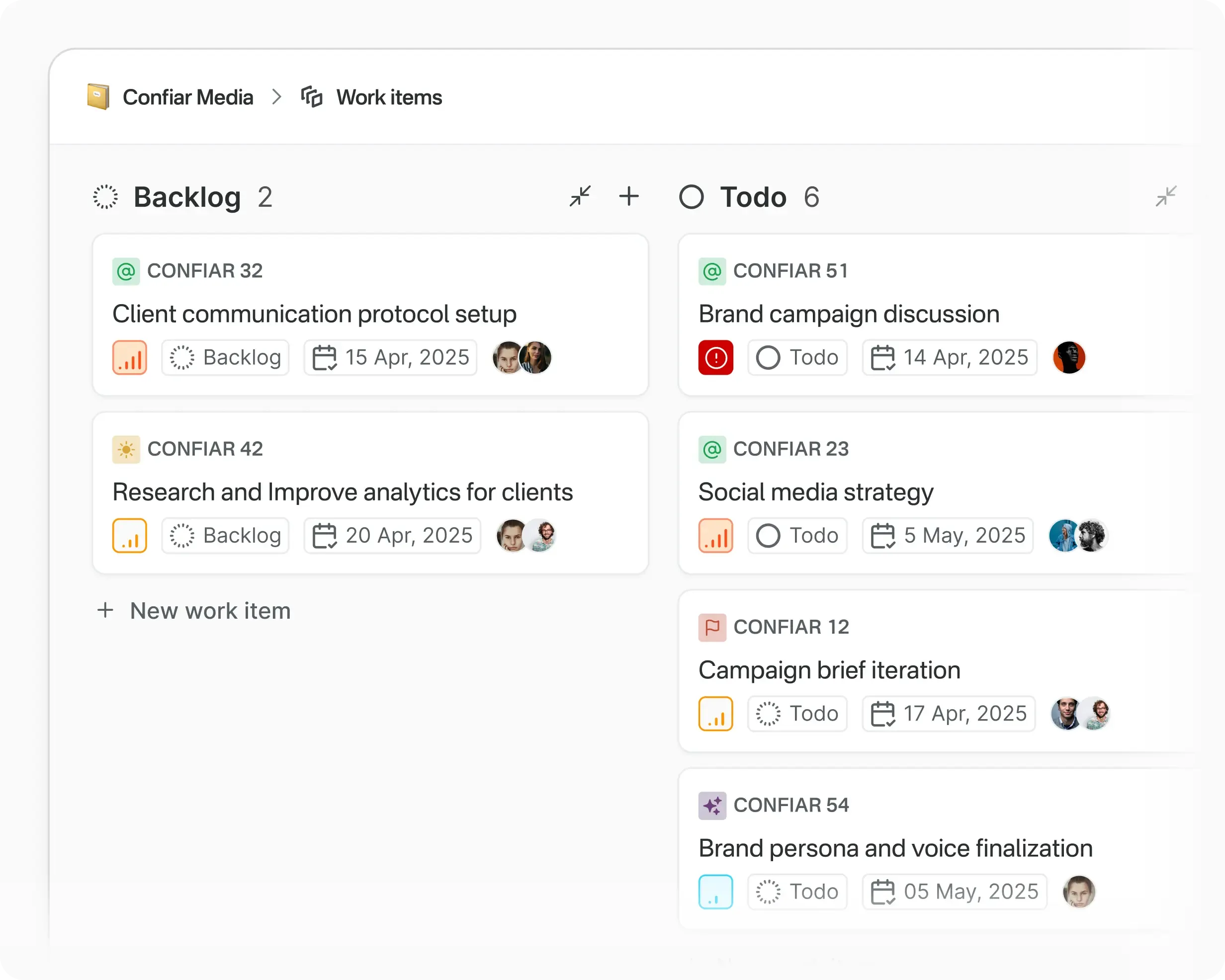 Board view showcasing how teams can visually distinguish work items across clients and projects using unique labels, icons, and naming conventions tailored to their workflows.