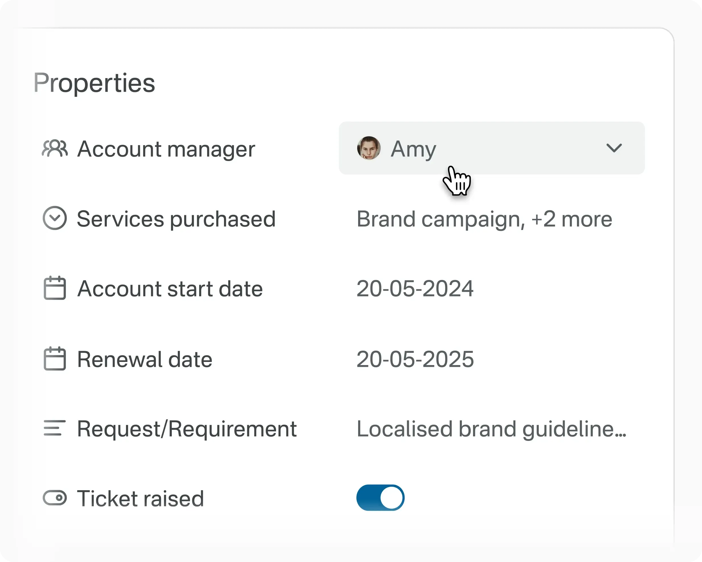 Filled-out work item details showing editable properties like account manager, services, dates, and revenue tailored per client for flexible team workflows for the use case of digital agencies.