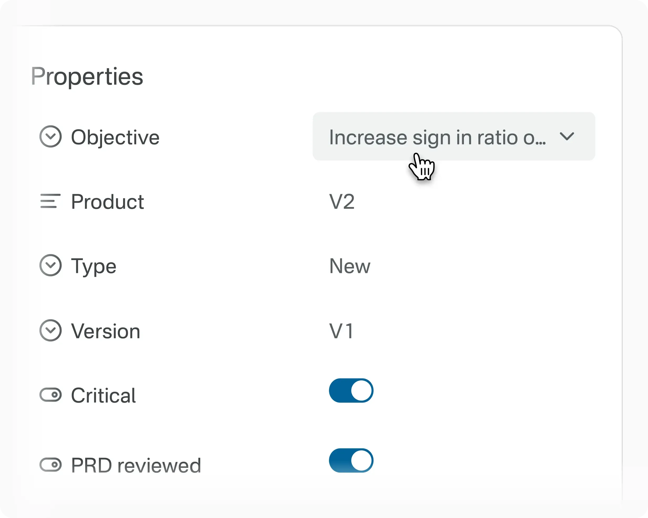 Property panel showing how project-specific work item types can be configured with fields like objective, type, version, and reviewers for granular control.