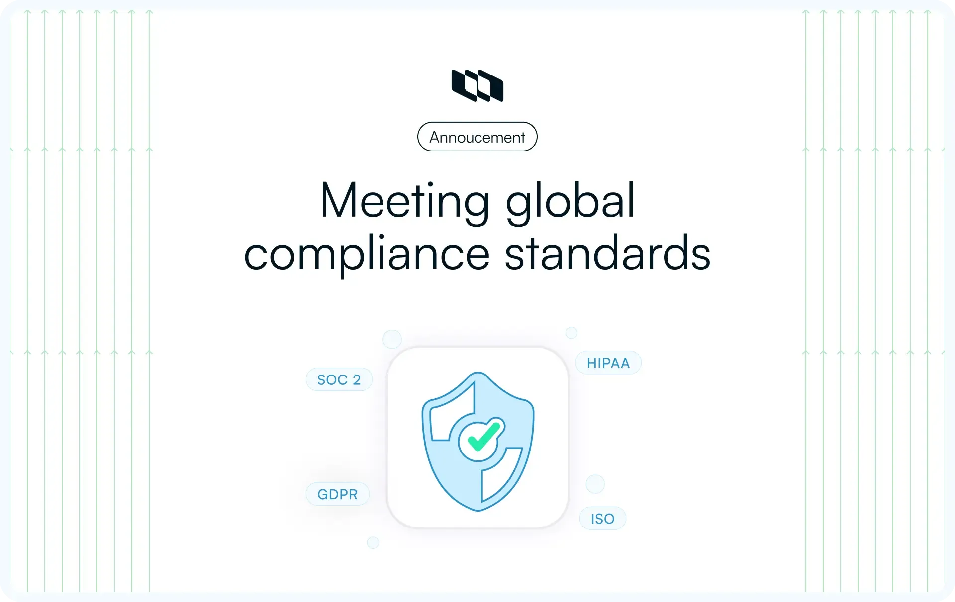 Illustration highlighting global compliance standards including SOC 2, GDPR, HIPAA, and ISO with a security shield icon.