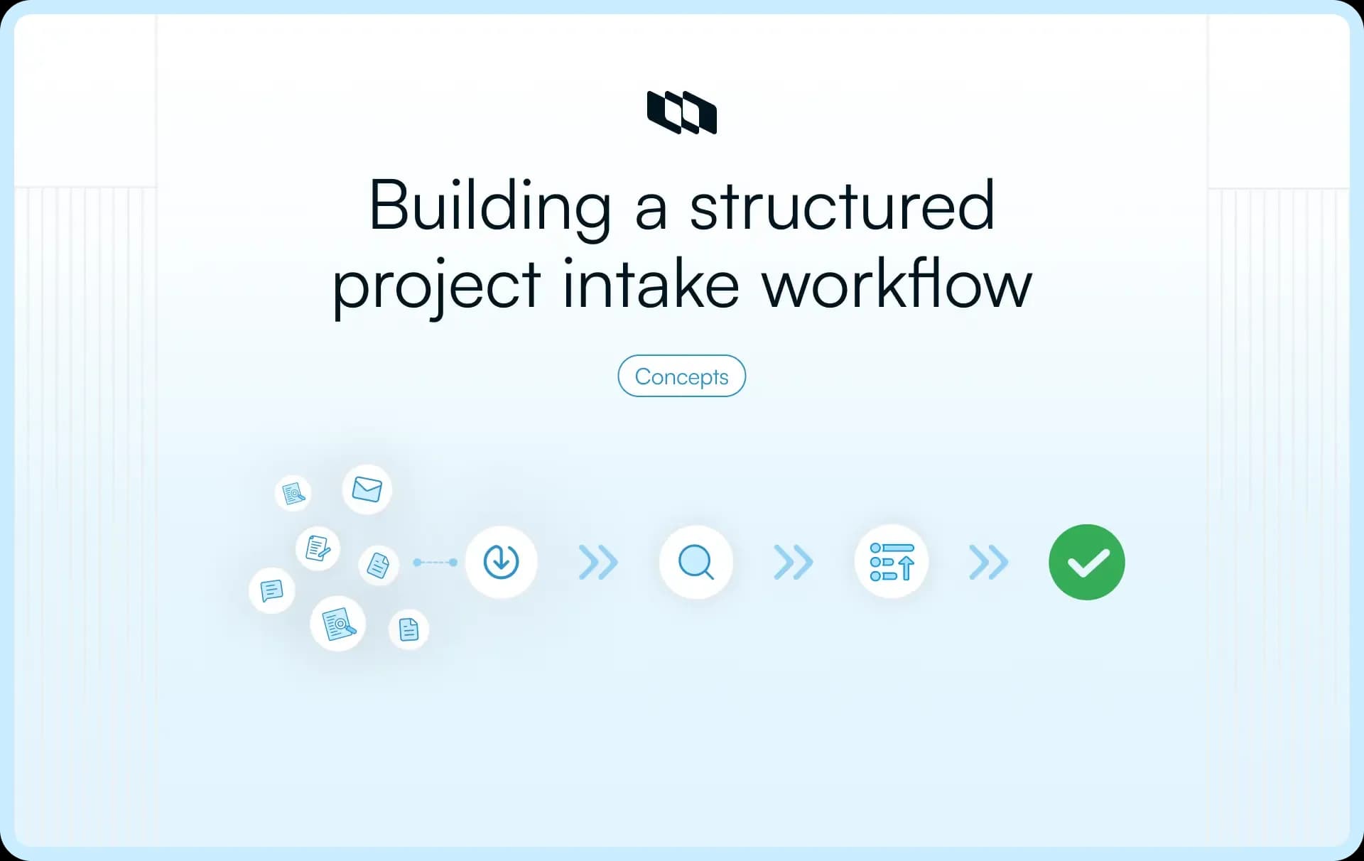 Illustration showing a structured project intake workflow where multiple project requests move through evaluation, prioritization, and approval stages before execution.