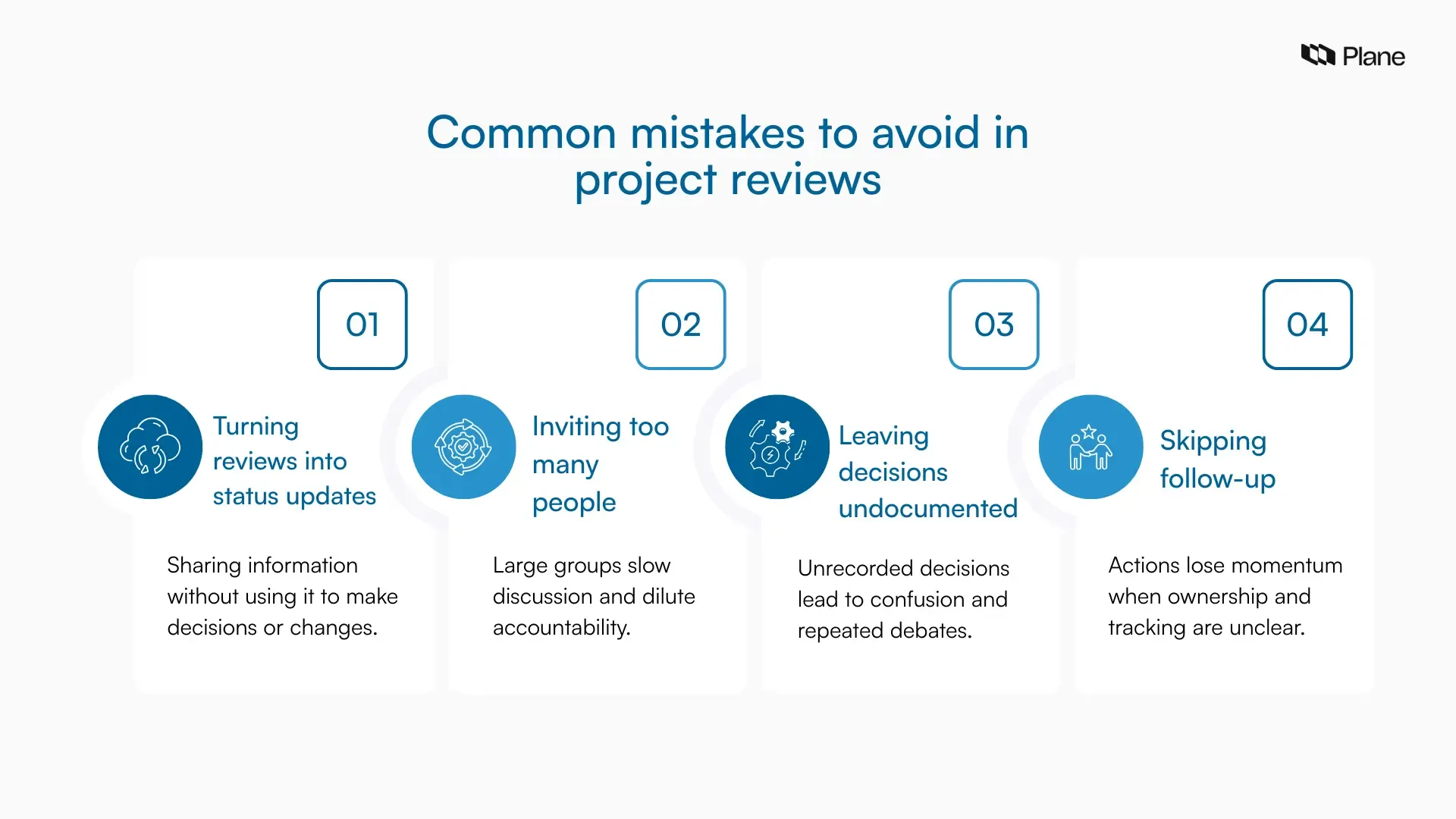 Graphic showing common mistakes to avoid in project reviews.