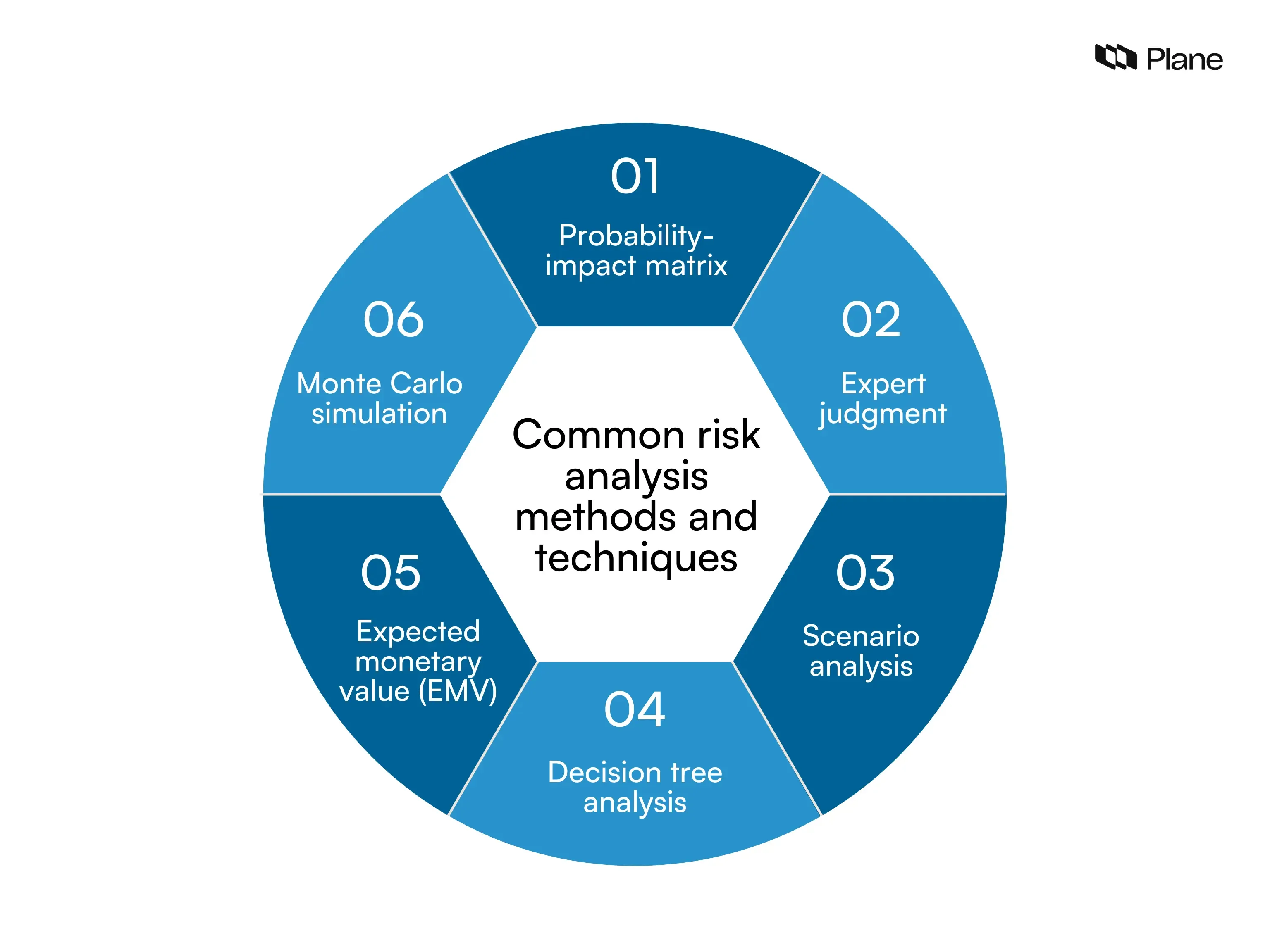 Graphic showing common risk analysis methods in project management including probability-impact matrix, expert judgment, scenario analysis, decision tree analysis, expected monetary value, and Monte Carlo simulation.
