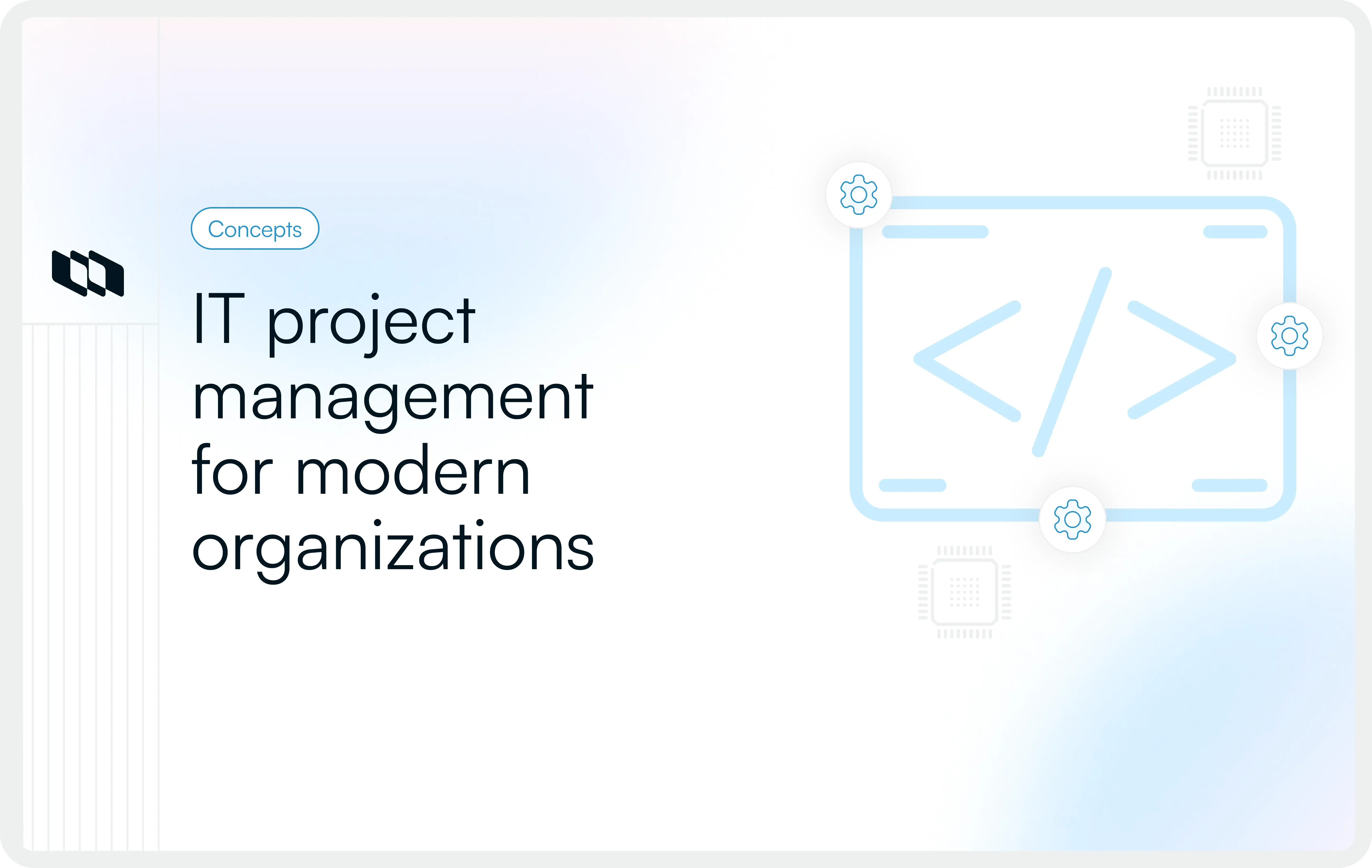 Illustration showing IT project management for modern organizations with a code interface and technology icons