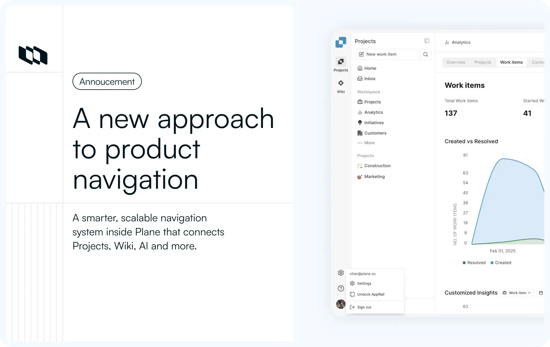 Alt text: Announcement visual introducing a new product navigation system in Plane with dashboard interface showing projects, analytics, and work items.