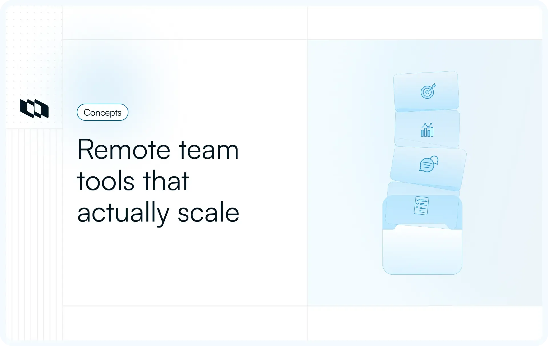 Illustration with a layered stack of icons representing goals, analytics, communication, and task management on a clean blue background.