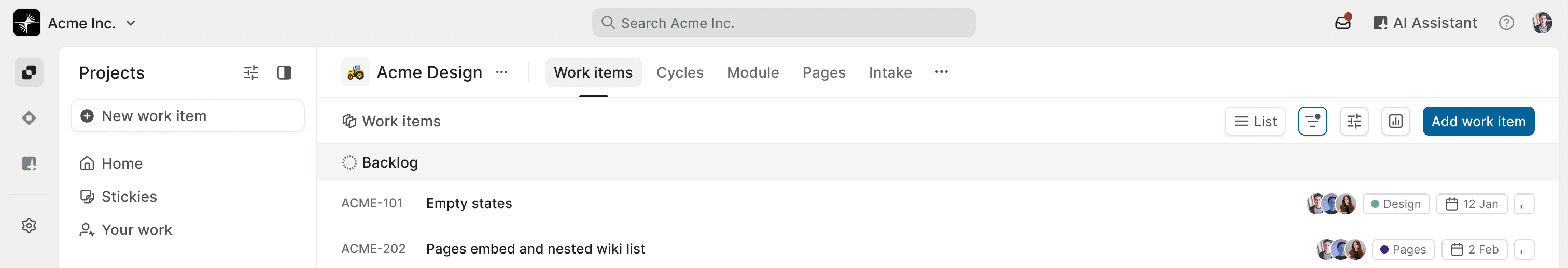 Plane work items view showing backlog list under the Acme Design project