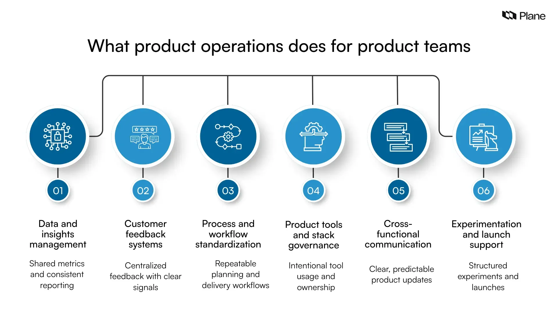 Diagram outlining core product operations responsibilities such as data and insights management, feedback systems, workflow standardization, tool governance, cross-functional communication, and launch support.