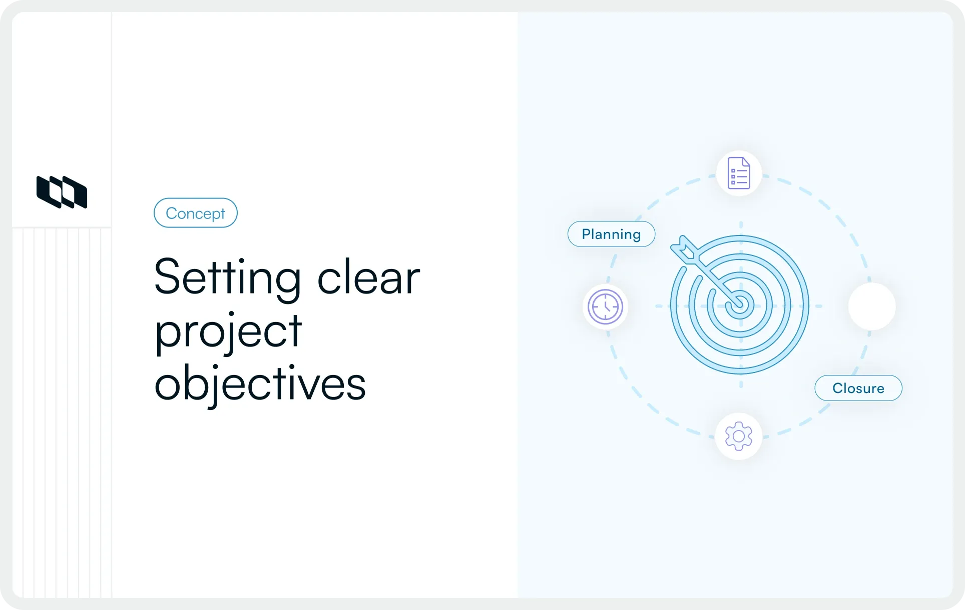 Illustration showing a target with an arrow at the center, surrounded by planning, timing, and closure icons, representing setting clear project objectives.