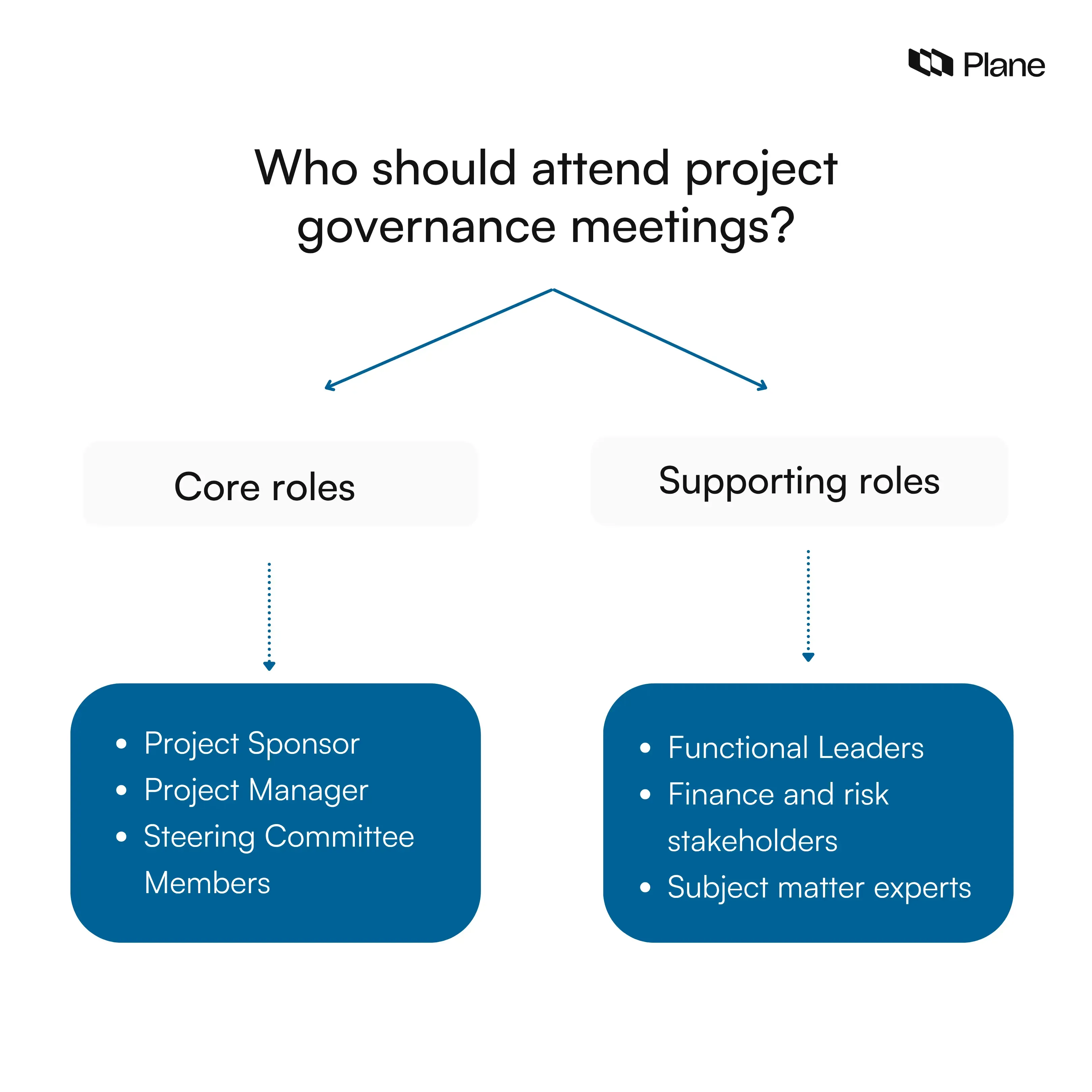 Graphic showing who should attend project governance meetings, divided into core roles and supporting roles