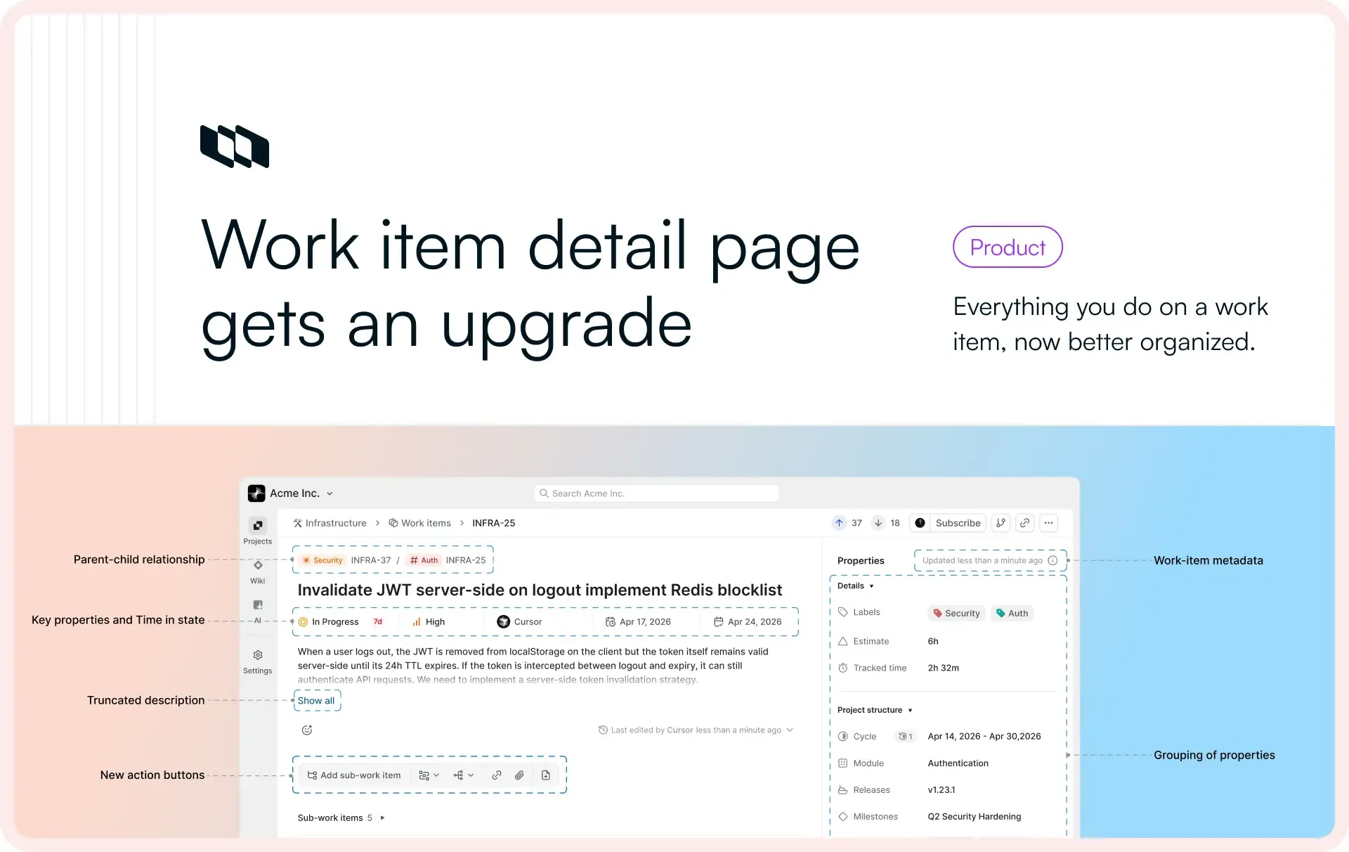 illustration showing the redesigned Plane work item detail page with grouped properties, activity tabs, metadata sections, and improved layout structure