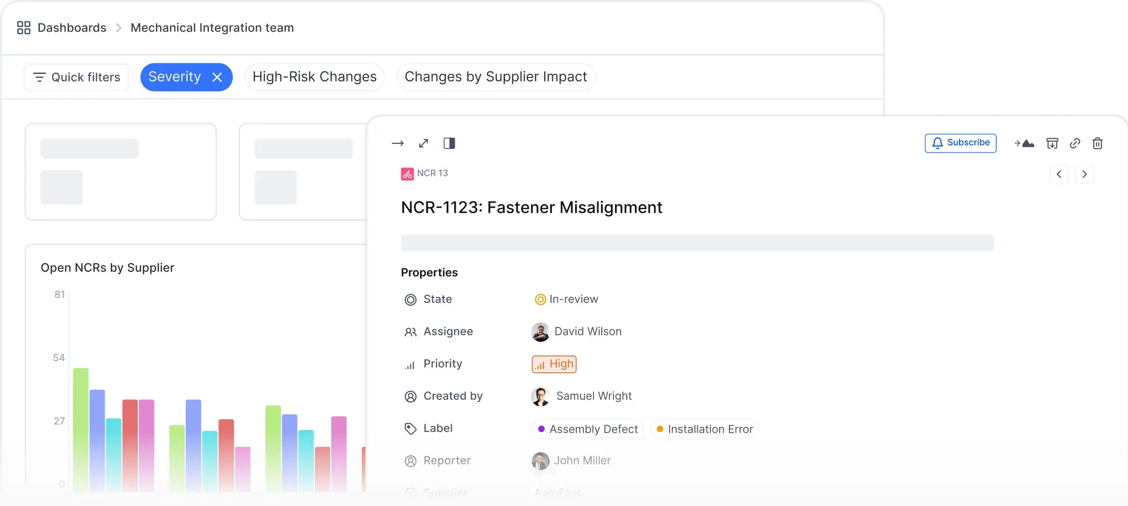 Dashboard view showing a detailed work item for a fastener misalignment issue, with metadata like assignee, priority, labels, supplier, and activity log.