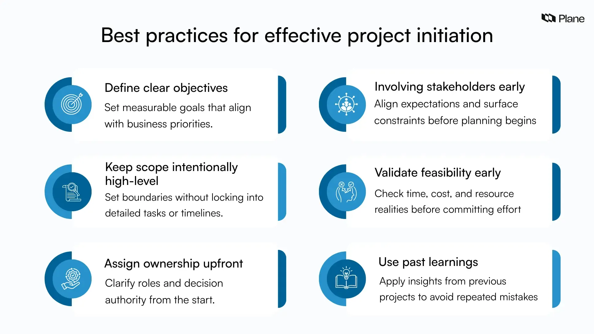 Graphic outlining best practices for project initiation, including setting clear objectives, engaging stakeholders early, defining high-level scope etc.
