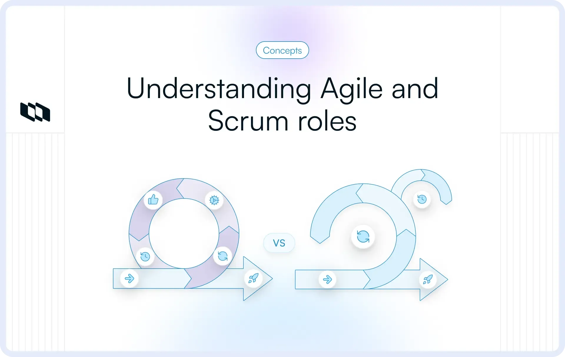 Illustration comparing Agile and Scrum roles with circular workflow visuals representing responsibilities, collaboration, and iterative delivery.