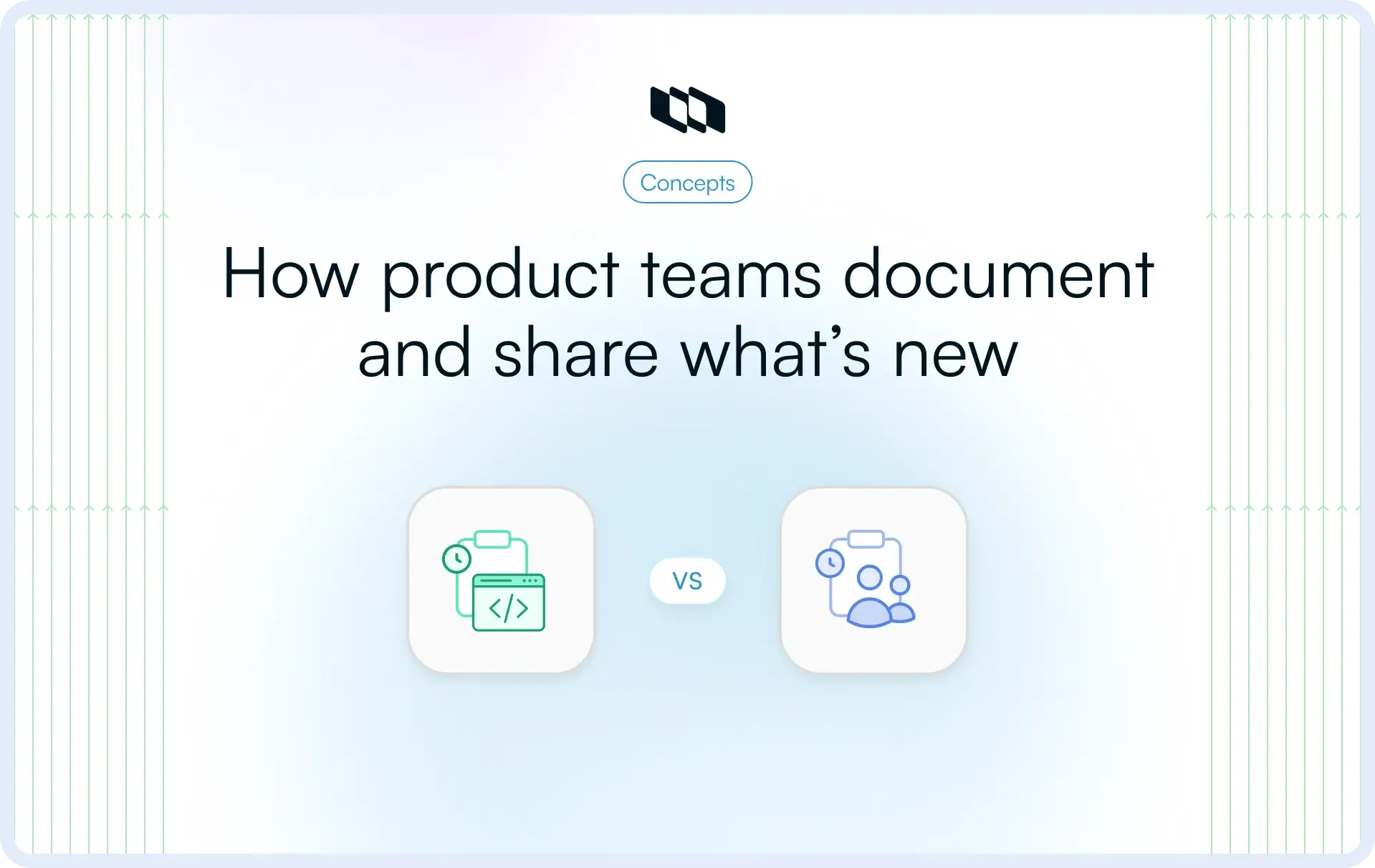 Graphic comparing how product teams document and share what’s new using change logs vs release notes for different audiences and update visibility
