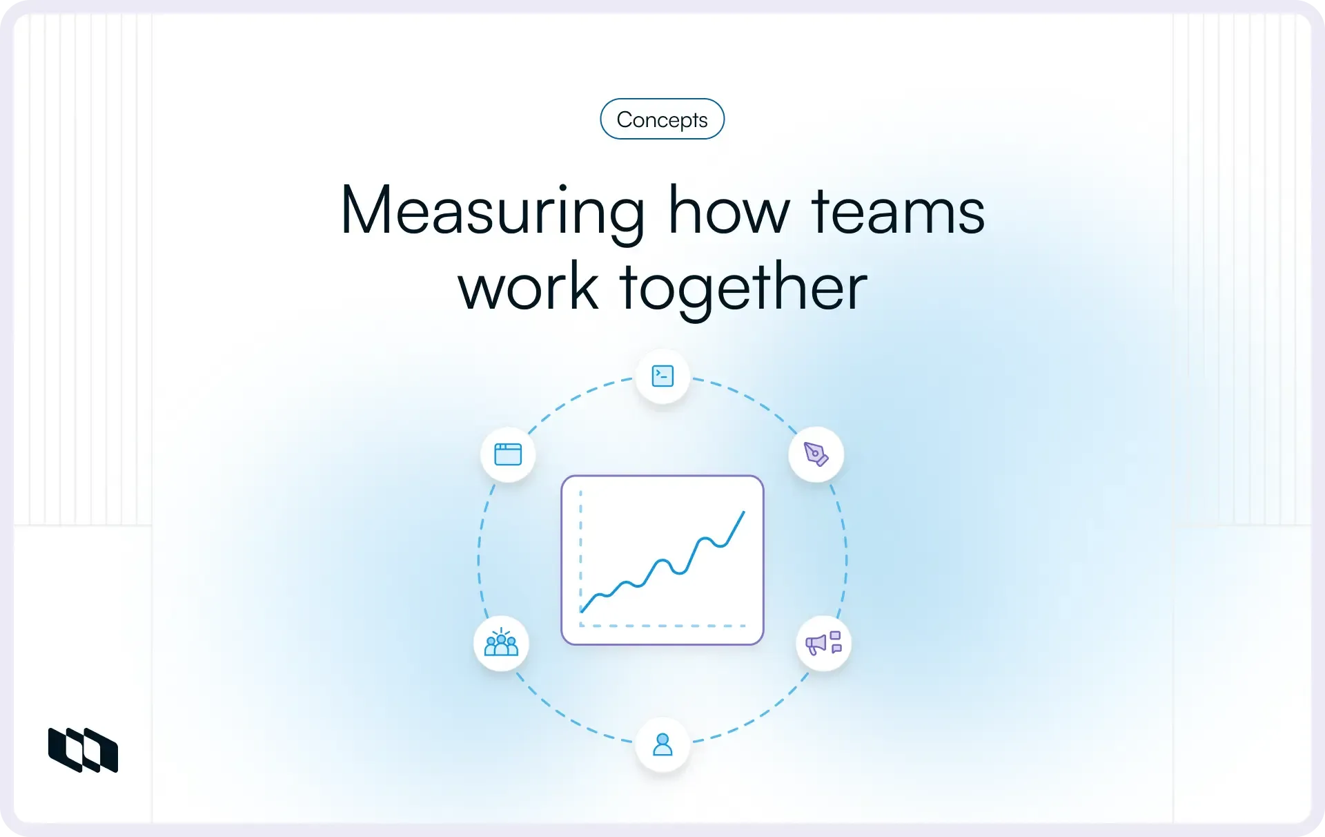 Collaboration metrics concept graphic showing how teams work together, with a central performance chart surrounded by icons representing communication, tasks, alignment, and team coordination