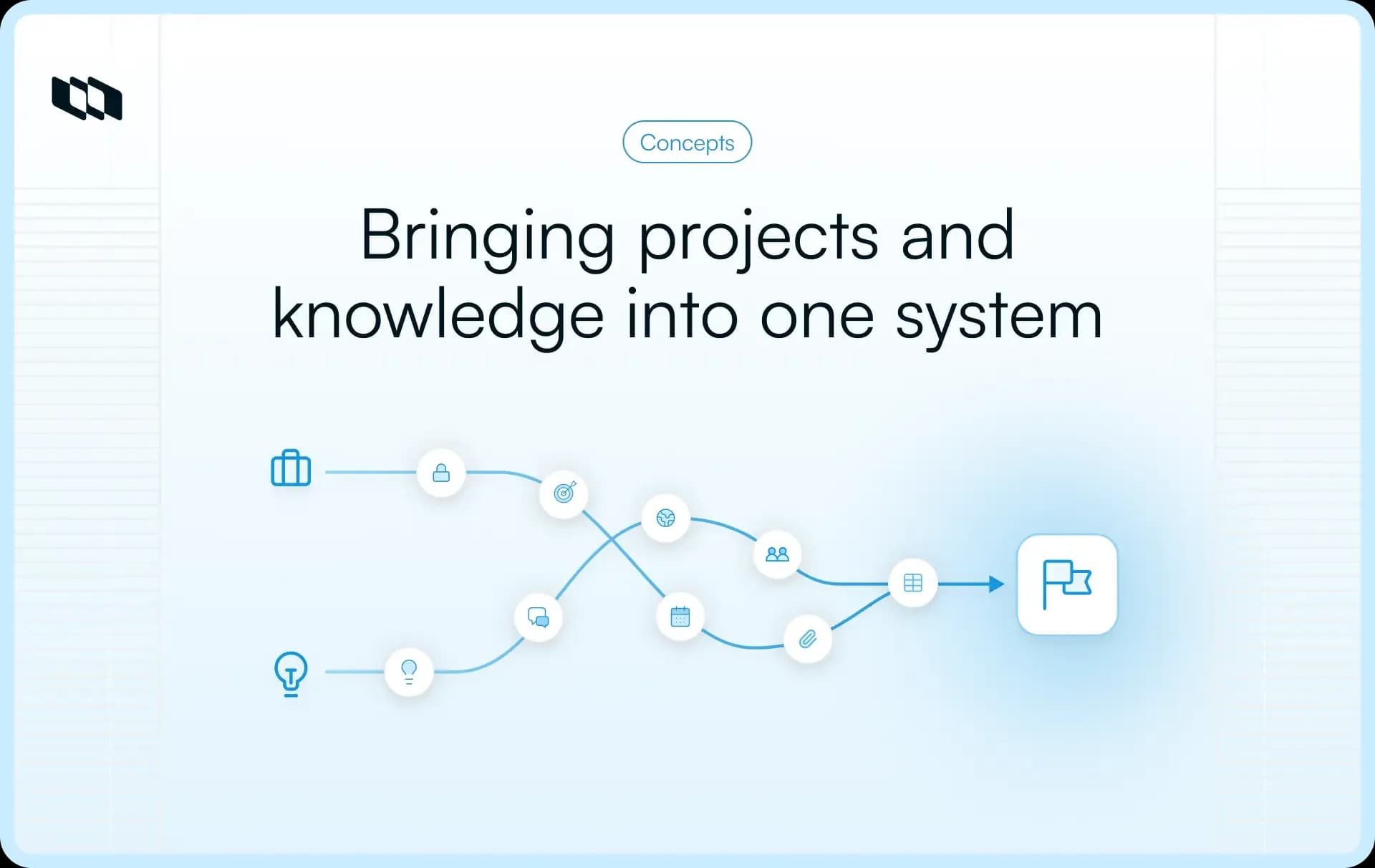 Illustration showing projects and knowledge workflows merging into one connected system, representing how teams unify tasks, decisions, documentation, and collaboration in a single workspace.