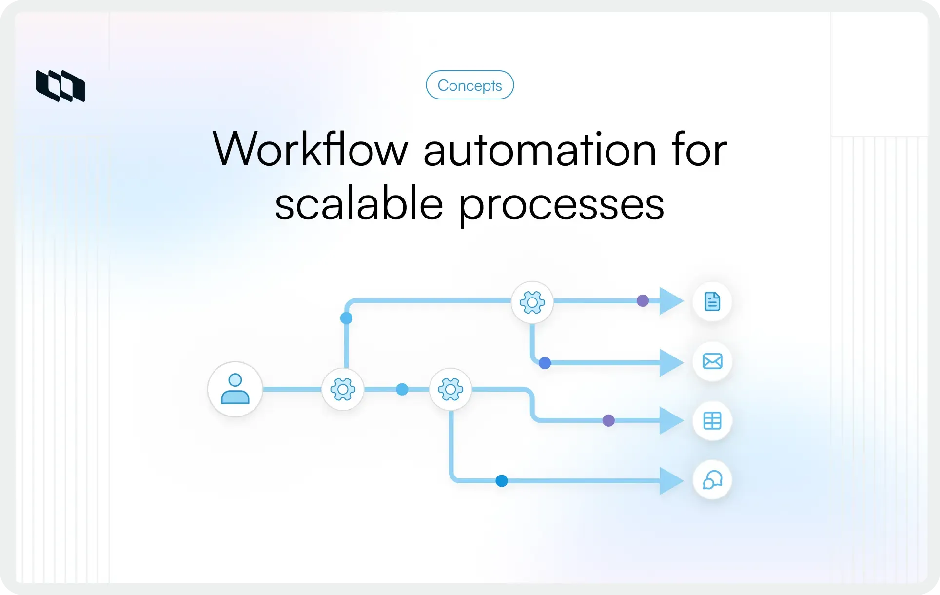 Illustration showing workflow automation for scalable processes, where a single input branches into multiple automated paths that trigger tasks, notifications, documents, and updates.