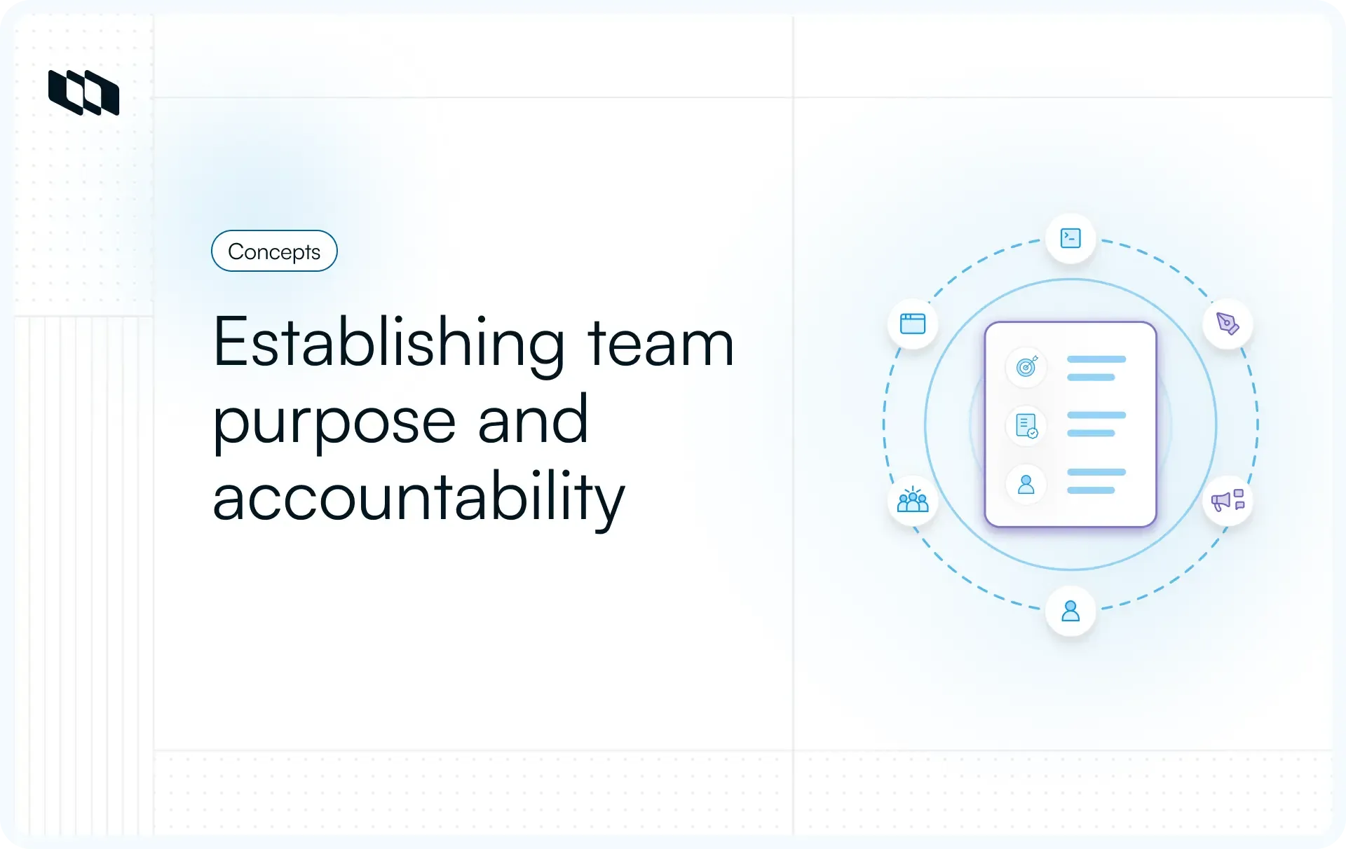 Illustration representing a team charter that establishes team purpose and accountability, showing a central document surrounded by icons for goals, roles, communication, and collaboration