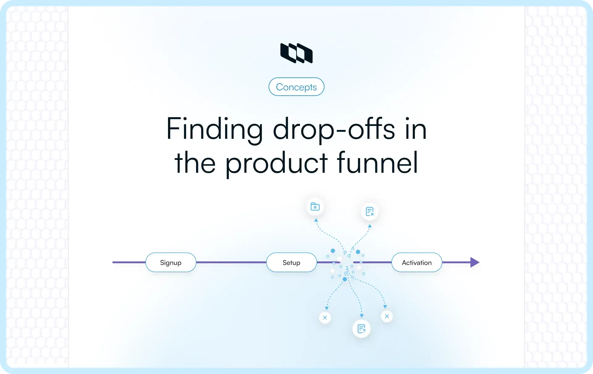 Illustration showing a product conversion funnel with signup, setup, and activation stages highlighting user drop-offs during the setup step