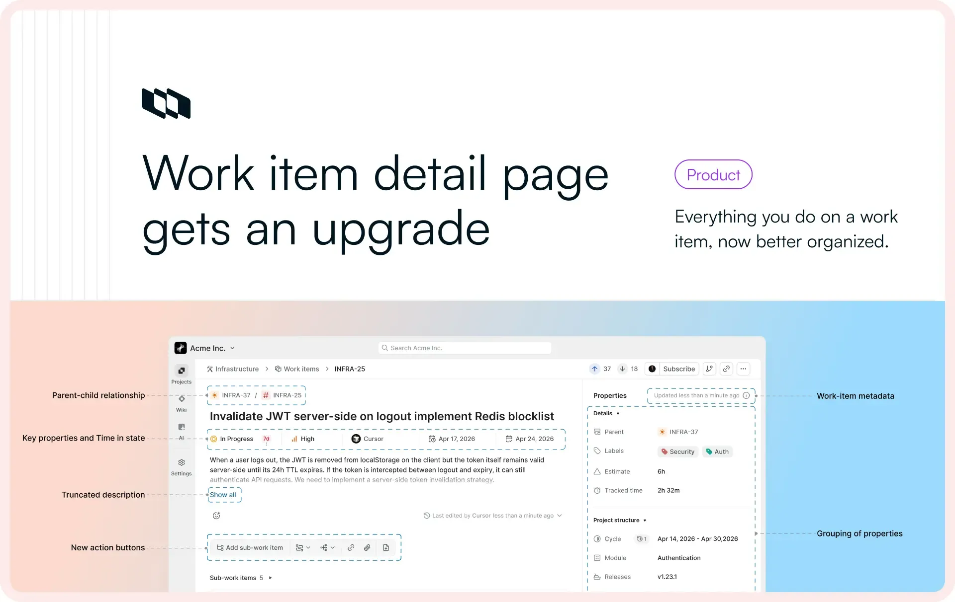 illustration showing the redesigned Plane work item detail page with grouped properties, activity tabs, metadata sections, and improved layout structure
