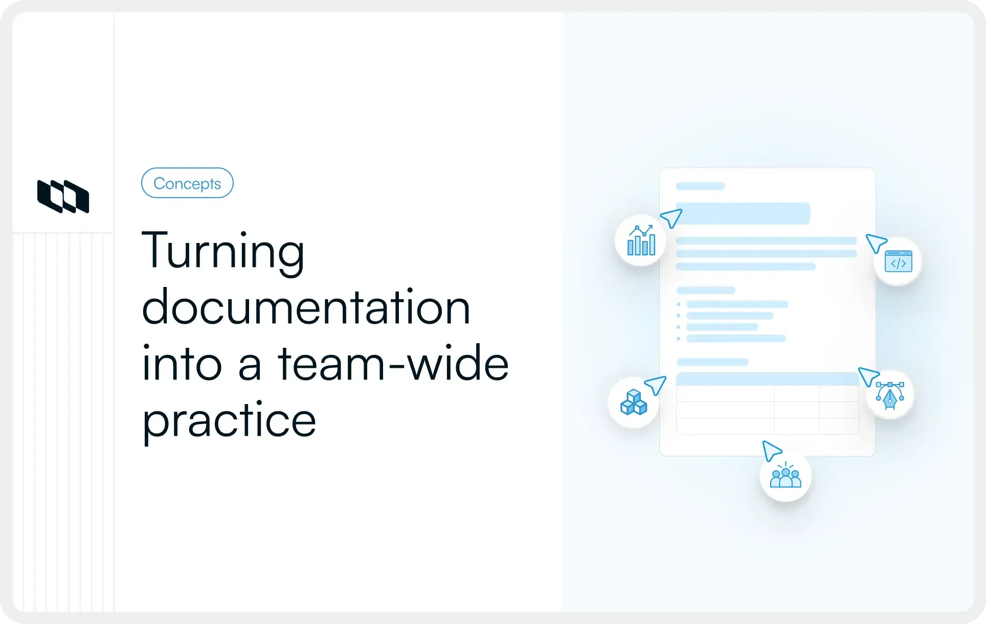 Illustration showing engineering documentation becoming a team-wide practice, with a shared documentation workspace connected to analytics, code, architecture, collaboration, and workflow knowledge areas across teams.