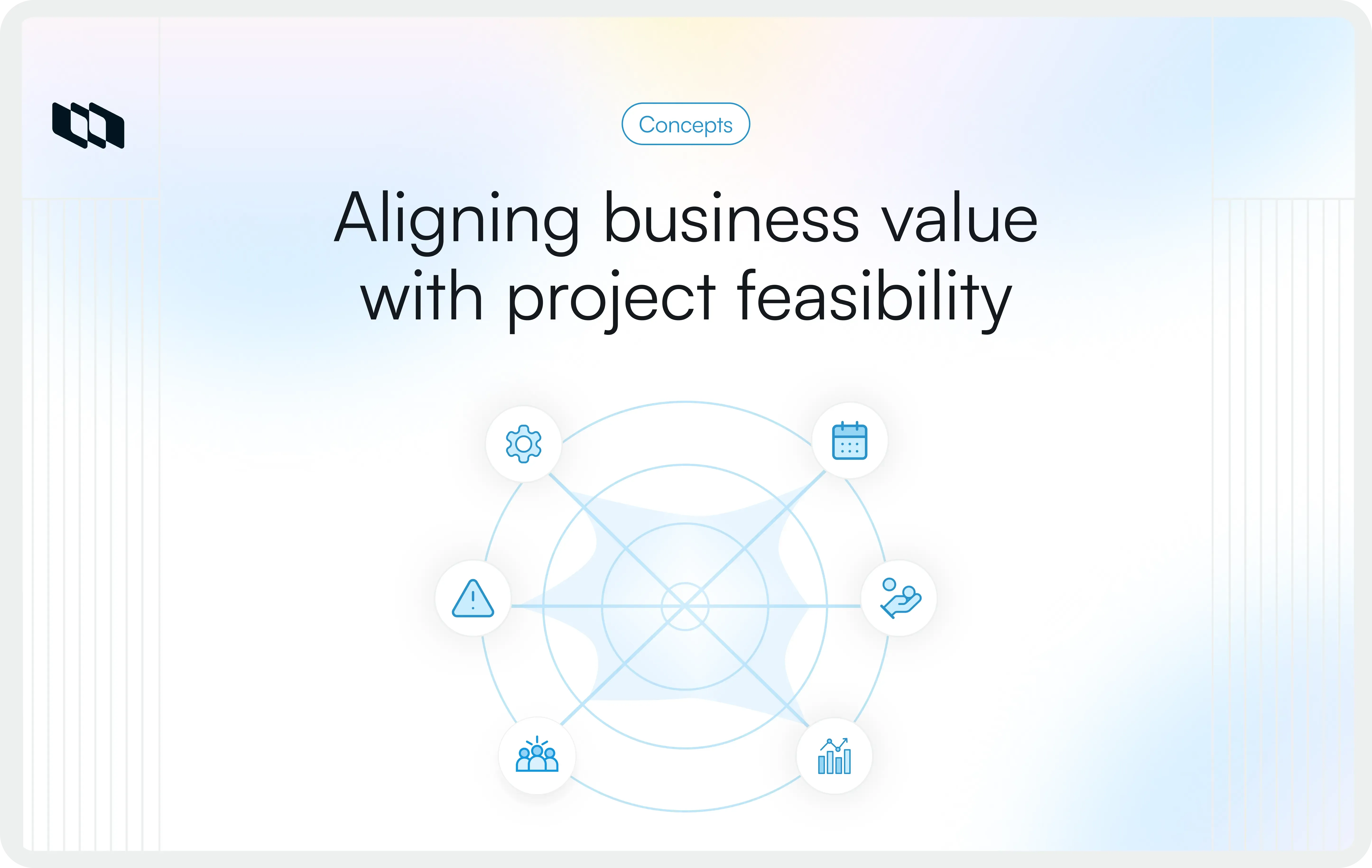 Illustration showing alignment between business value and project feasibility in project management, highlighting factors such as technical readiness, timeline planning, risk assessment, stakeholder support, and expected outcomes.