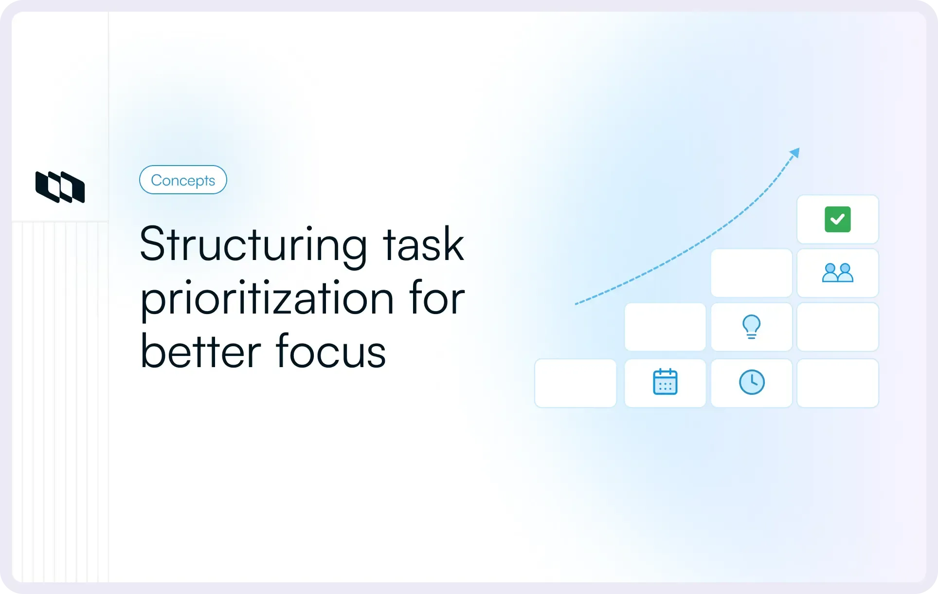 Illustration showing structured task prioritization for better focus, with steps representing planning, time management, ideas, teamwork, and task completion.