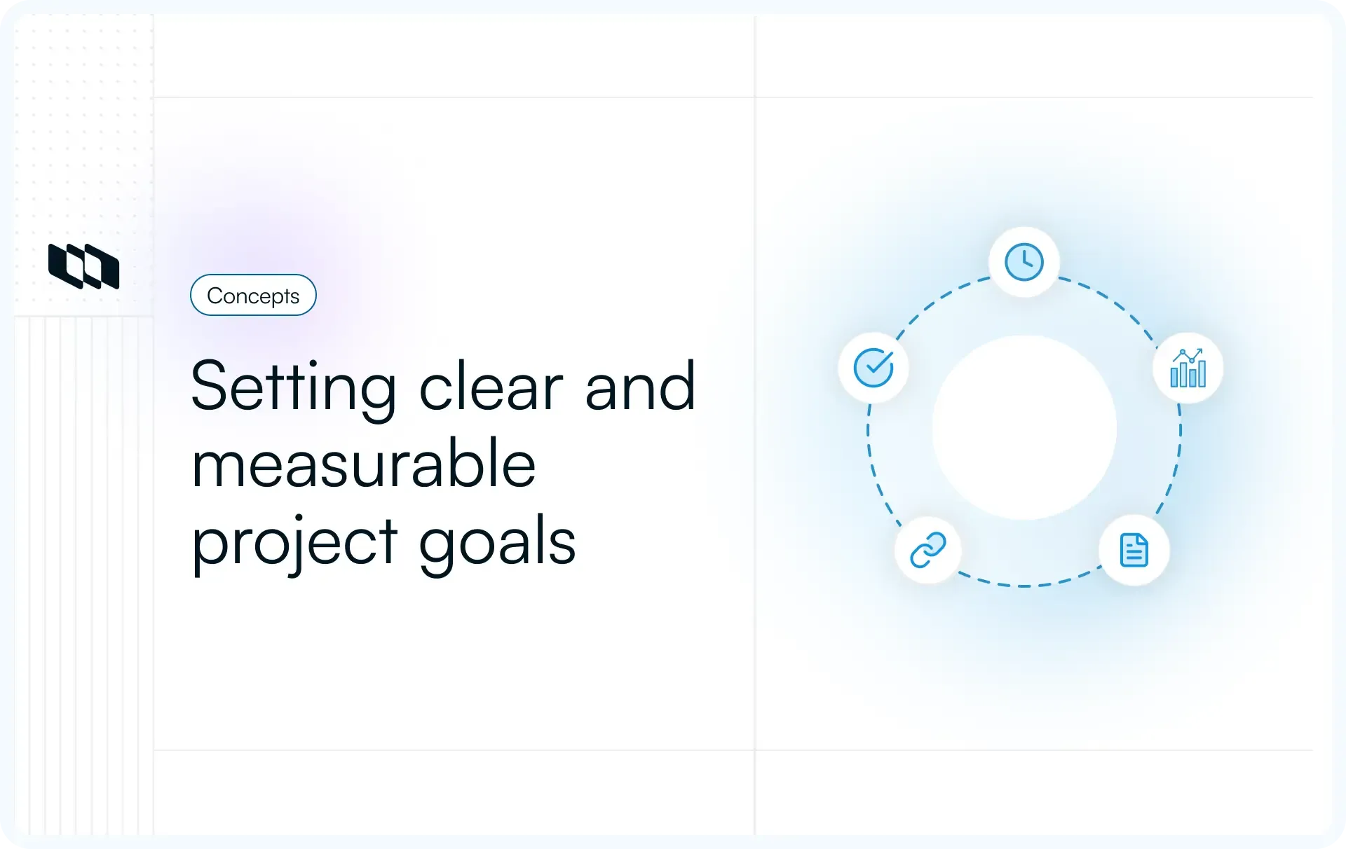 Illustration representing setting clear and measurable project goals, showing a circular framework with icons for time, metrics, documentation, linking tasks, and completion around a central goal.