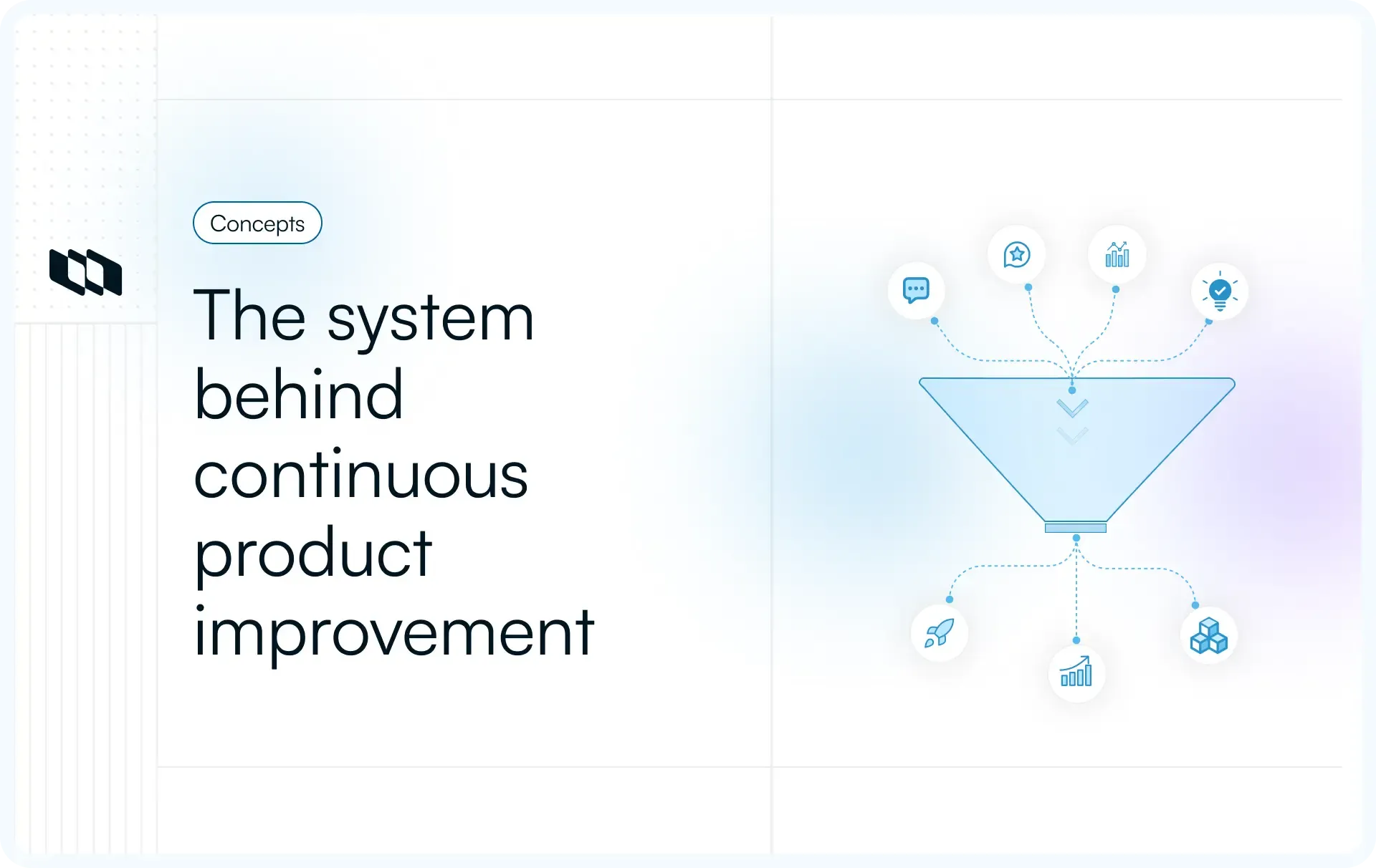 Illustration showing a funnel system representing continuous product improvement through structured product feedback collection and analysis.