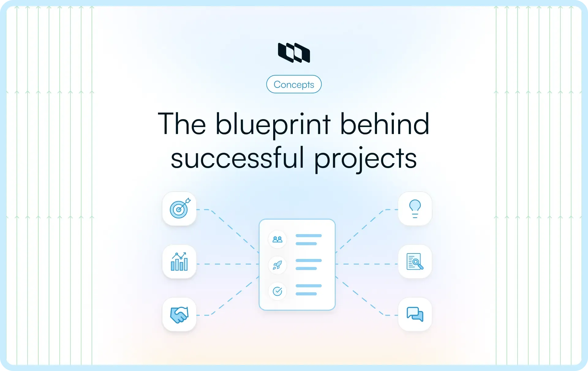 Illustration titled “The blueprint behind successful projects” showing a central project brief document connected to icons representing goals, analytics, collaboration, ideas, research, and communication.
