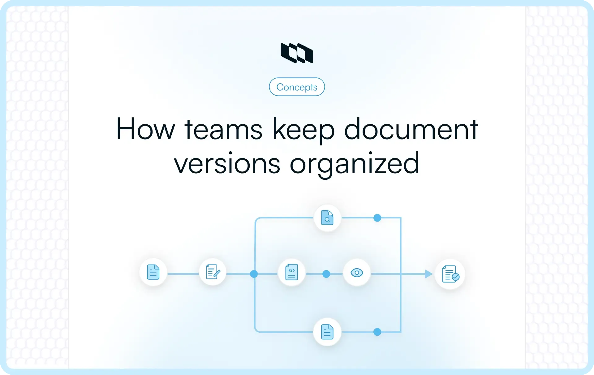 Illustration showing a document version control workflow where teams organize document versions through drafting, editing, reviewing, tracking changes, and approving final versions in a structured process.