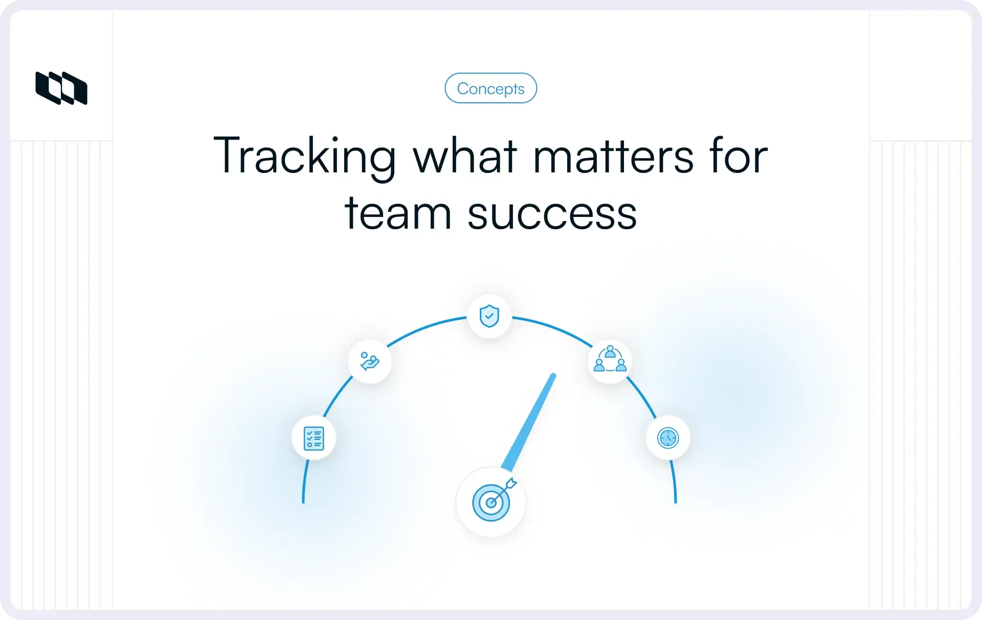 Illustration showing tracking team success with key metrics such as goals, collaboration, efficiency, and performance around a central progress indicator