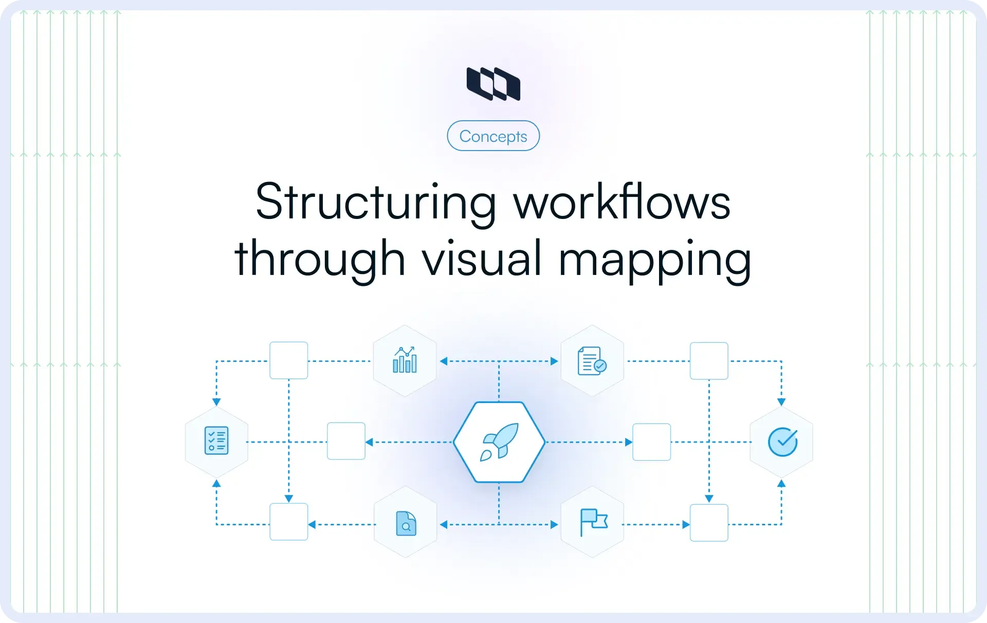 Illustration showing structured workflow mapping with connected process steps, decision points, approvals, tracking, and execution stages across a visual process flow diagram.