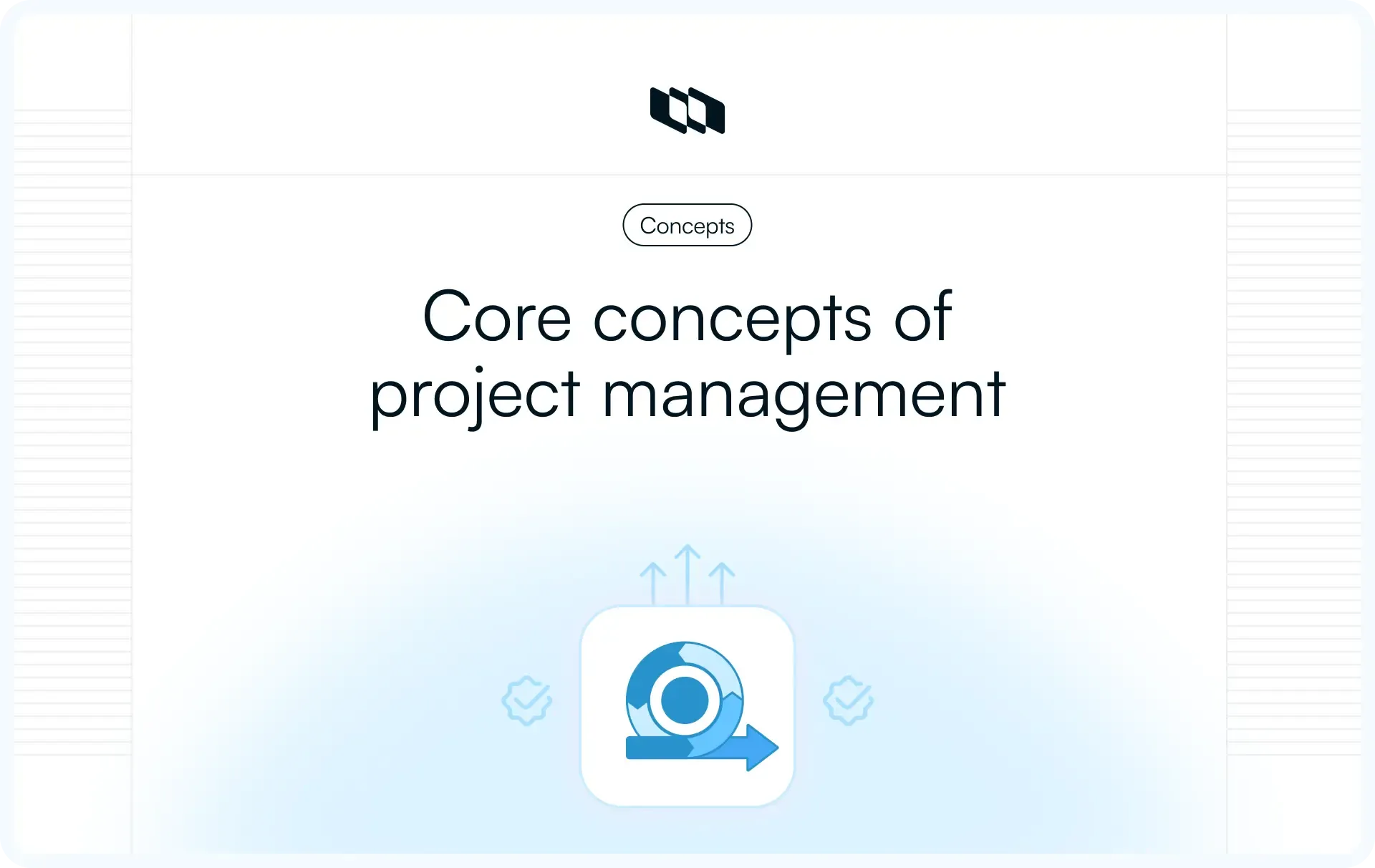 Cover graphic titled “Core concepts of project management,” showing a central circular workflow icon with directional arrows, representing planning, coordination, and progress in project management.