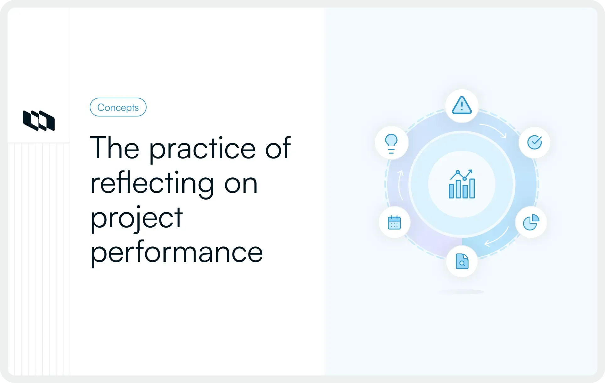 Illustration showing a project performance reflection cycle with icons representing insights, risks, timelines, metrics, and decisions around a central analytics chart symbolizing project post-mortem review.