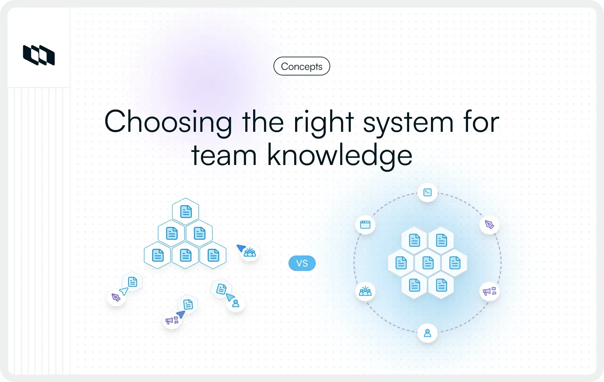 Illustration comparing two approaches to team knowledge management, showing decentralized collaborative documentation versus structured centralized knowledge organization.