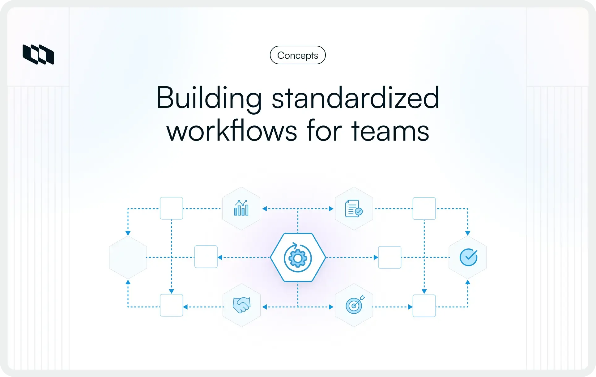 Graphic titled “Building standardized workflows for teams” showing a central workflow icon connected to multiple process stages and task icons, representing structured task flow and standardized team execution.