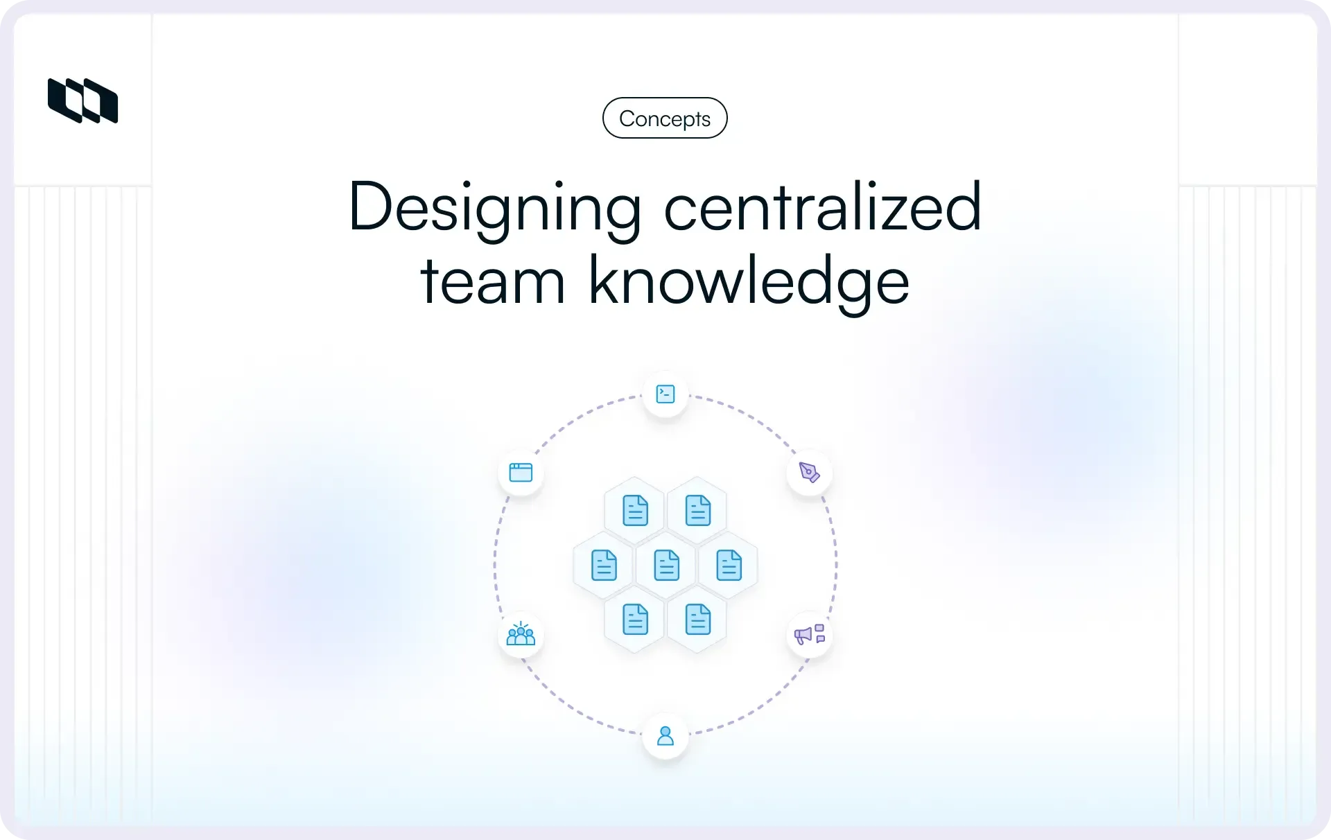 Illustration showing centralized team knowledge, with documents grouped in a central hub and surrounded by people, projects, communication, and tools, representing a single source of truth for teams.