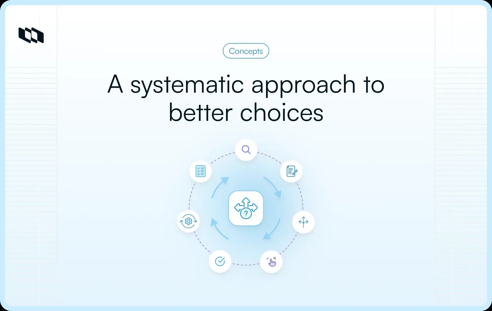 Illustration showing the decision-making process as a systematic approach, with interconnected steps representing evaluating options and making better choices.