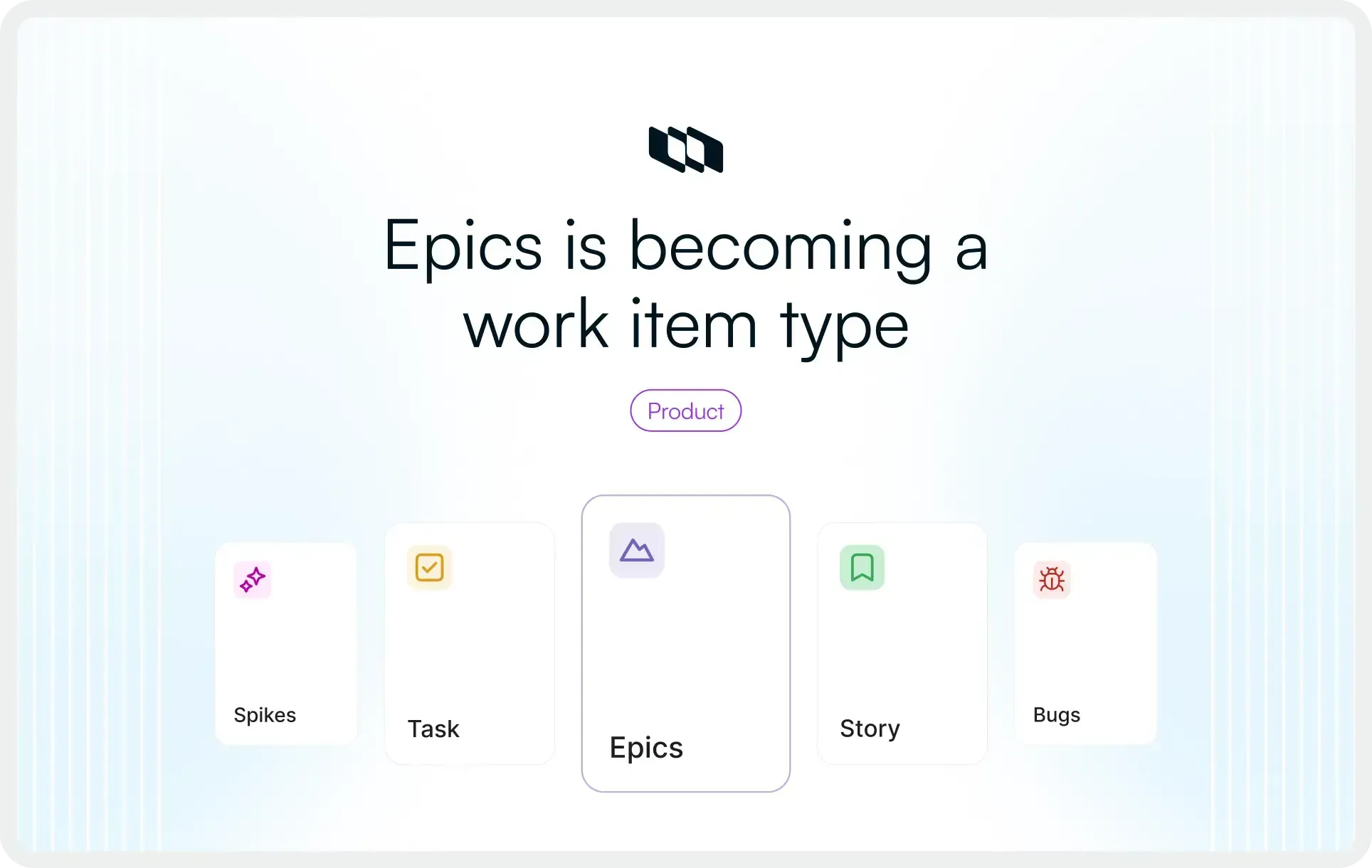 Hero banner announcing “Epics is becoming a work item type” in Plane, alongside configurable work item types like Spikes, Tasks, Stories, and Bugs.